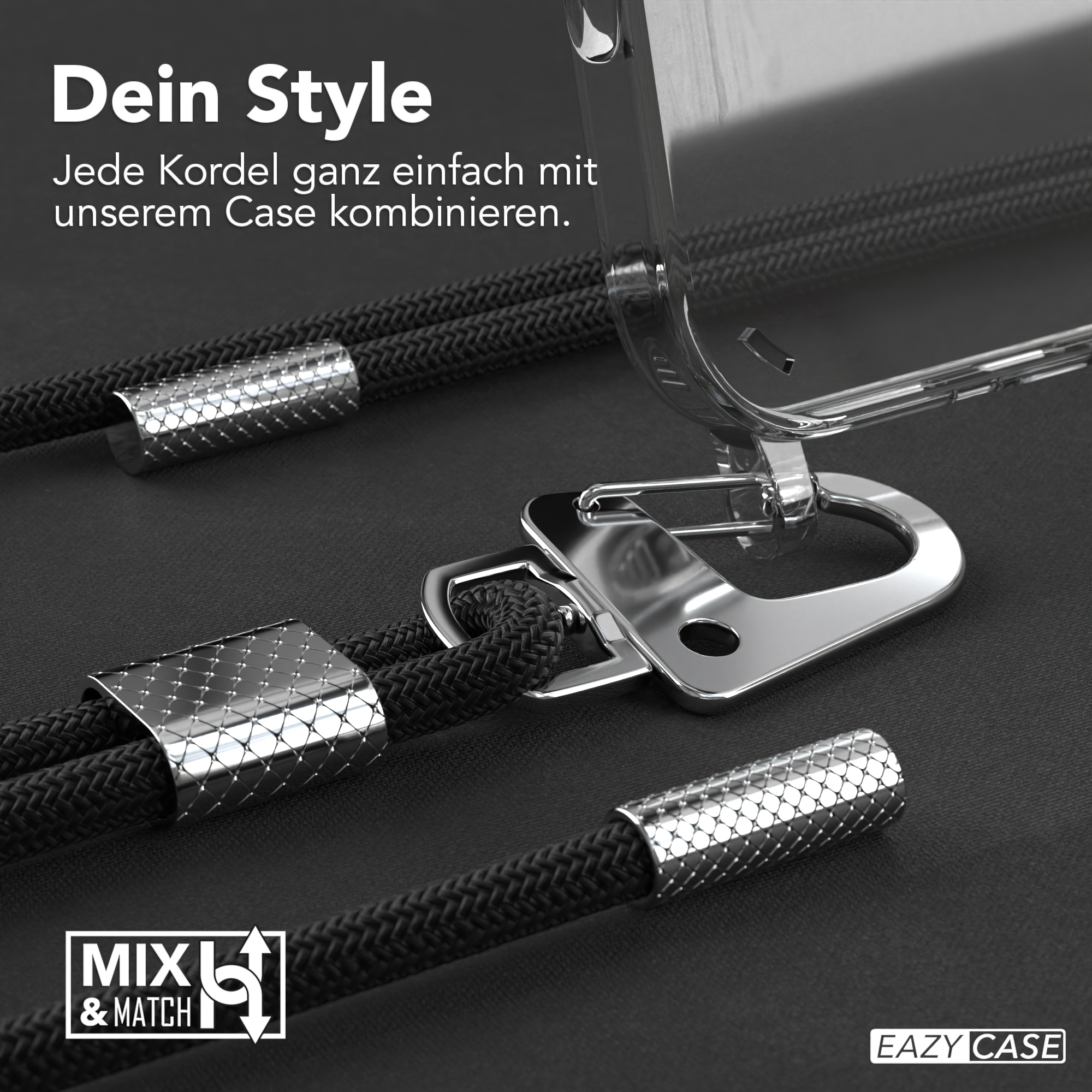 Handyhülle mit schwarzem Band. Das Band ist schwarz. Silberne Metallakzente.