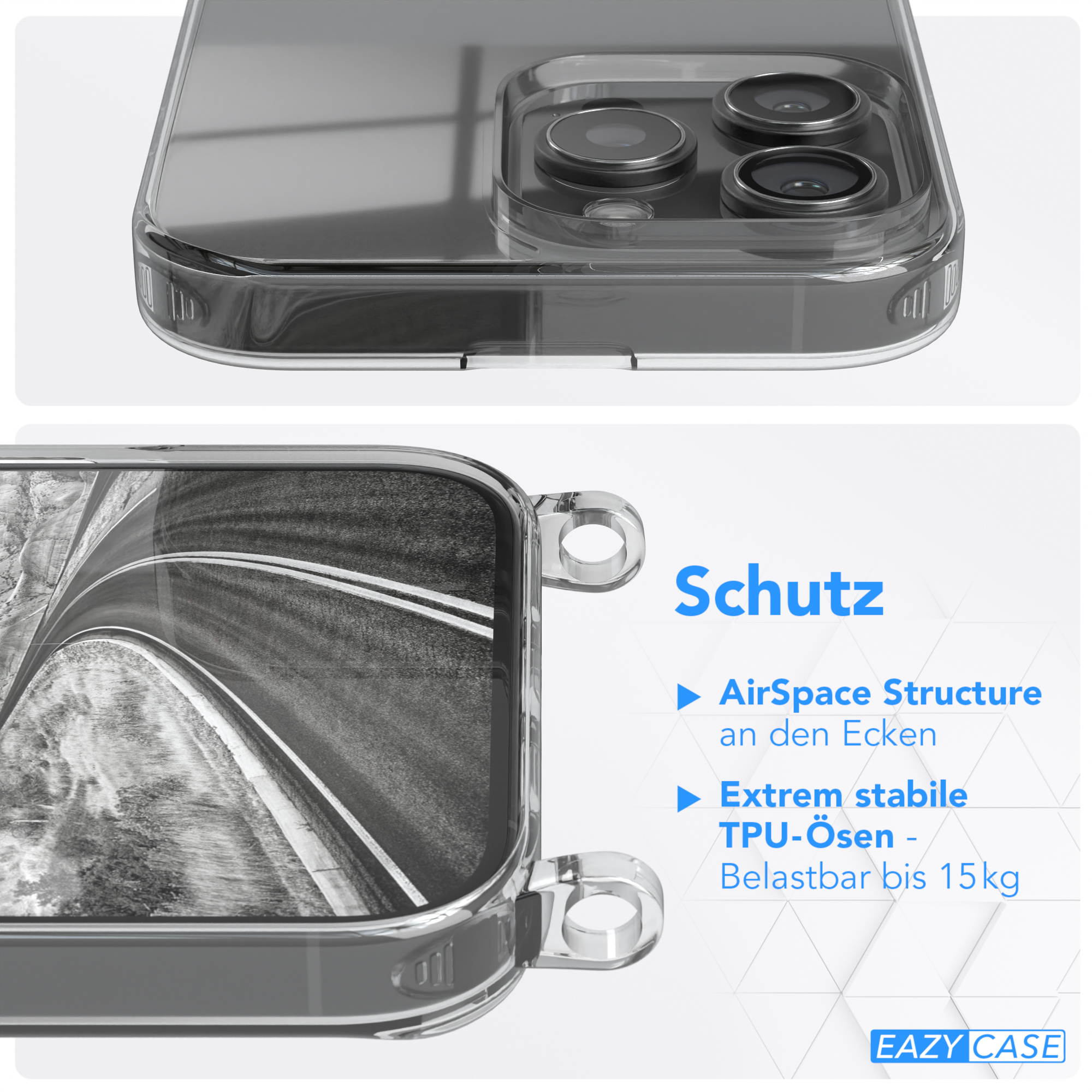 Transparente Handyhülle mit Straße. Text sagt 'AirSpace Structure' und 'TPU-Ösen'.