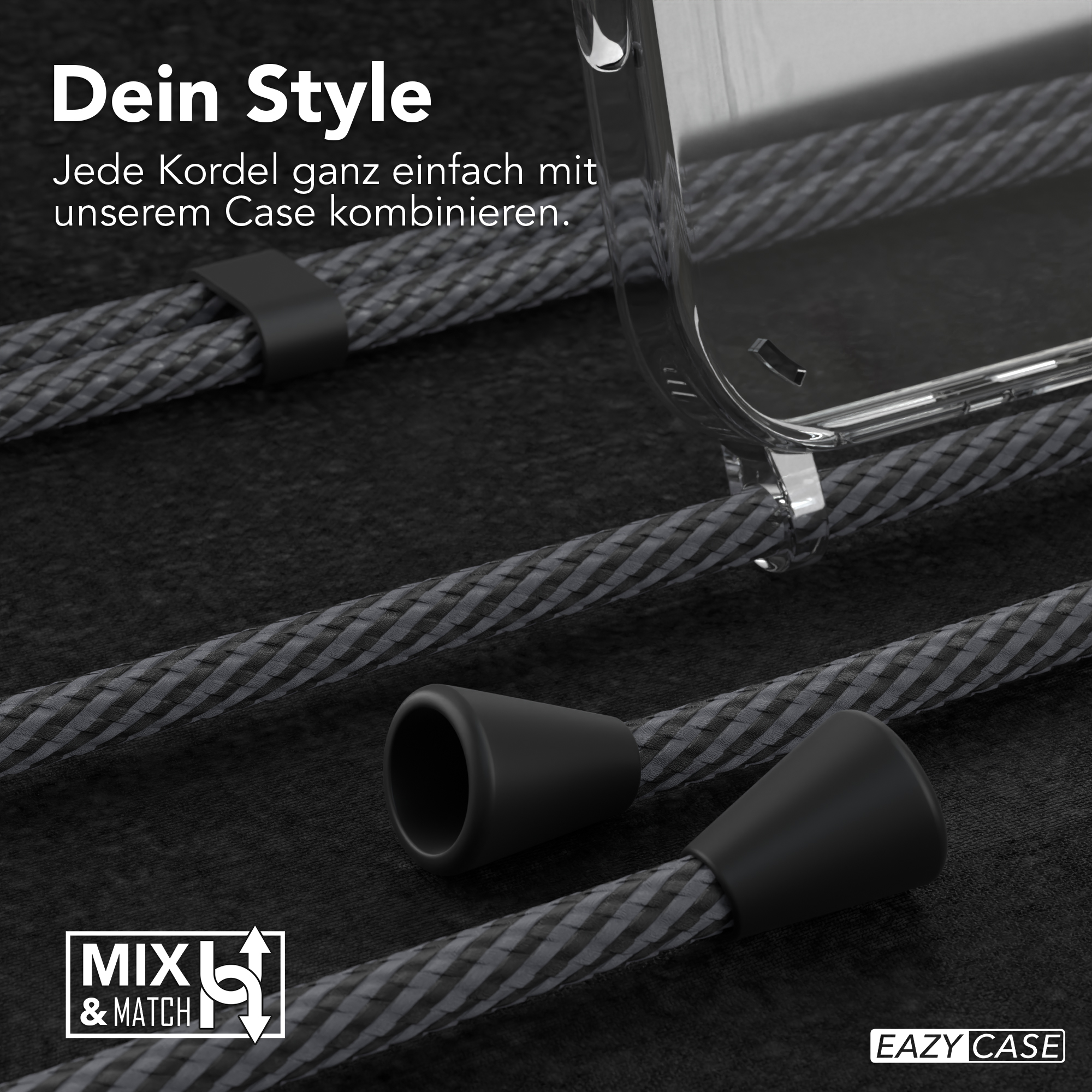 Nahaufnahme einer transparenten Handyhülle und eines schwarz-grauen Lanyards.