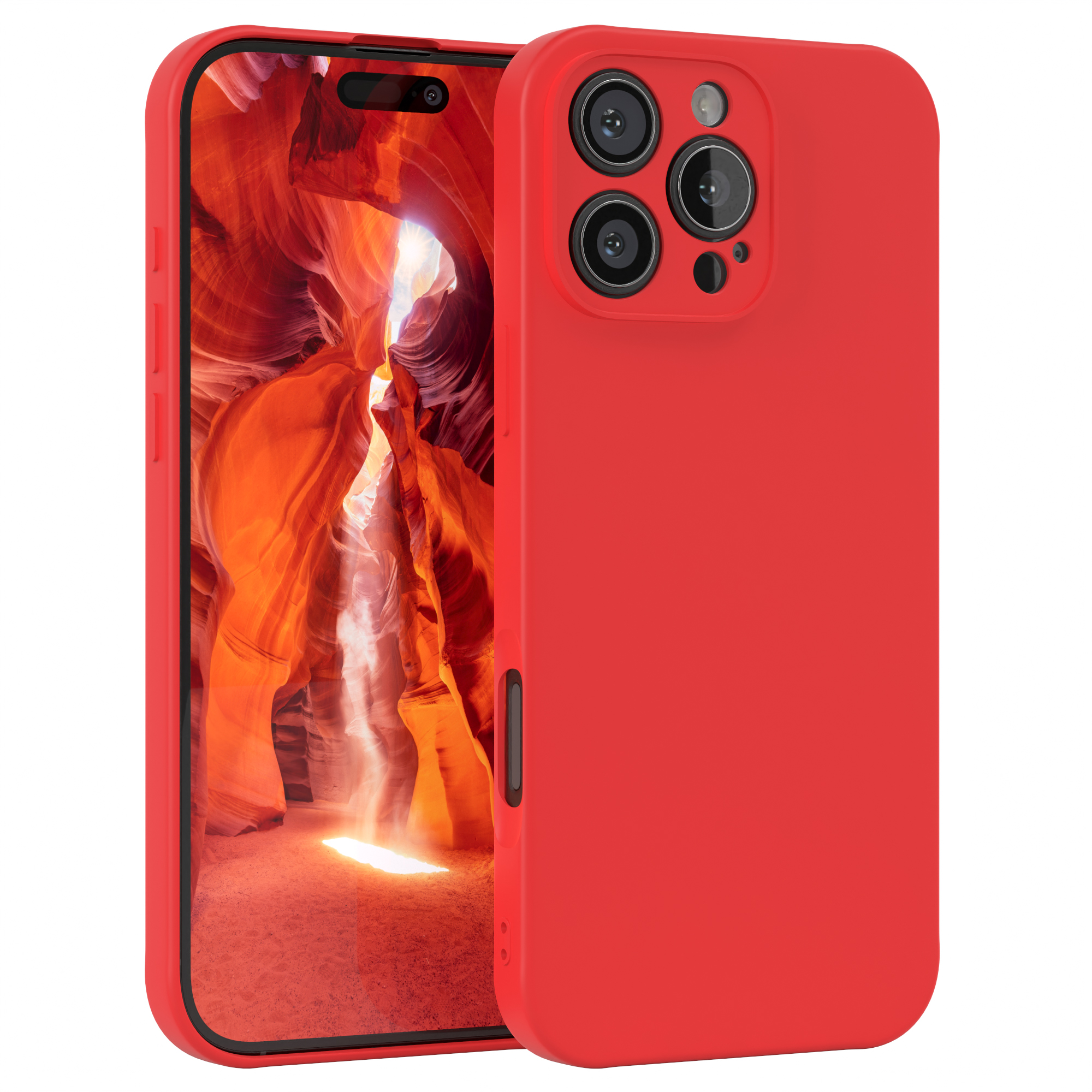 Eine rote Handyhülle mit einem Telefon darin. Das Telefon hat eine Kameraausbuchtung auf der Hülle.