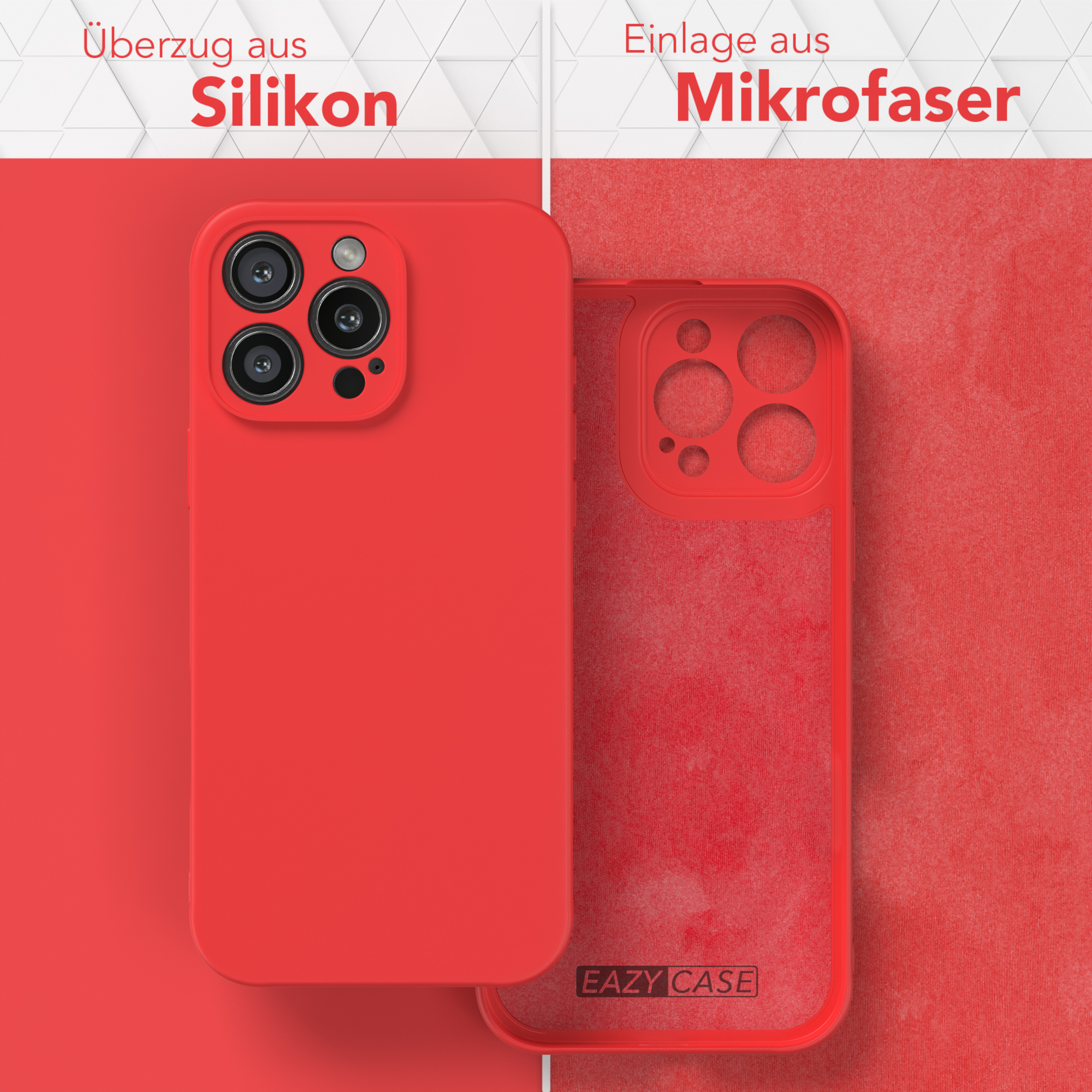 Zwei Handyhüllen, eine rote, eine mit Mikrofaser-Innenfutter. Text: 'Überzug aus Silikon' und 'Einlage aus Mikrofaser'.