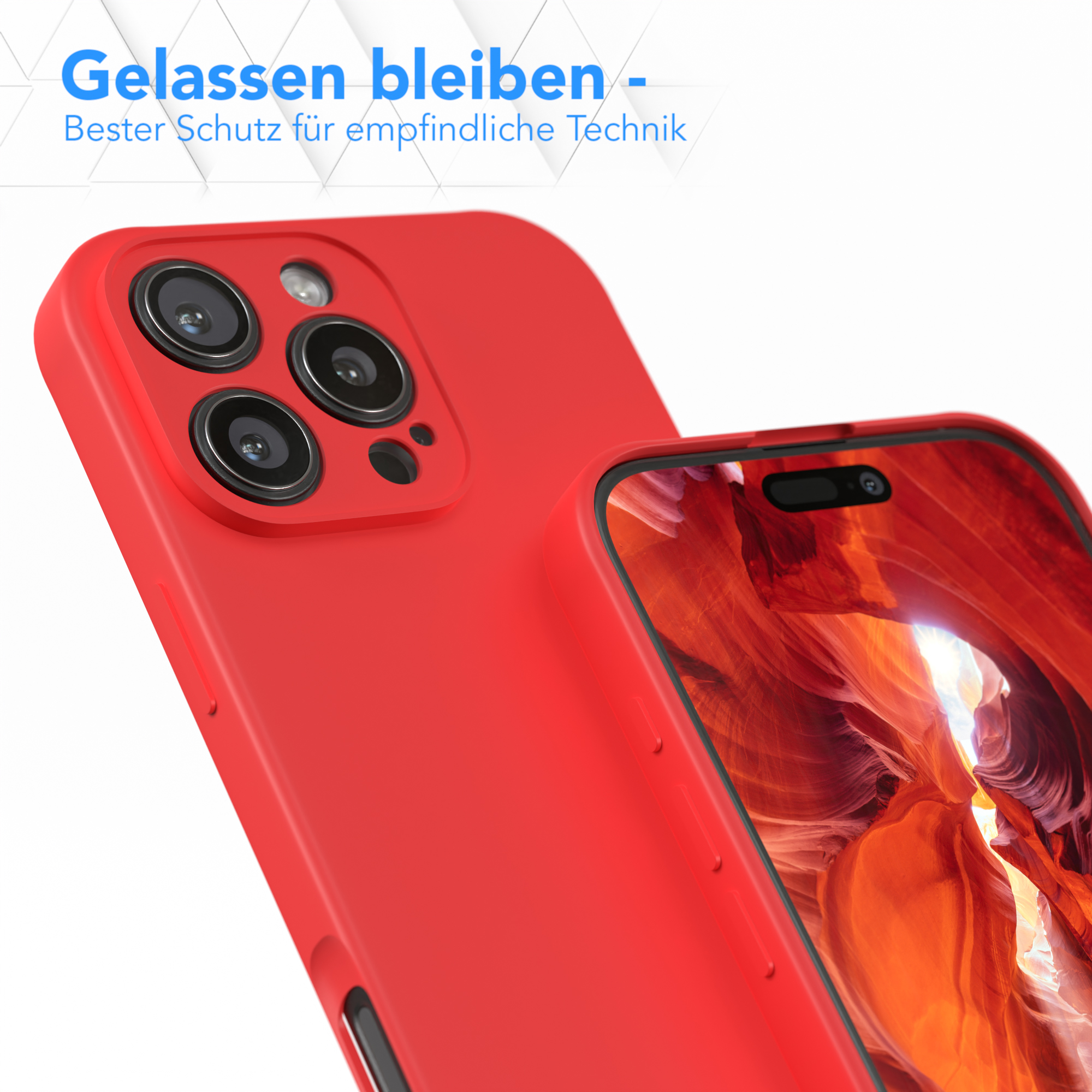 Rote Handyhülle, Nahaufnahme der Rückseite und ein Telefonbildschirm.