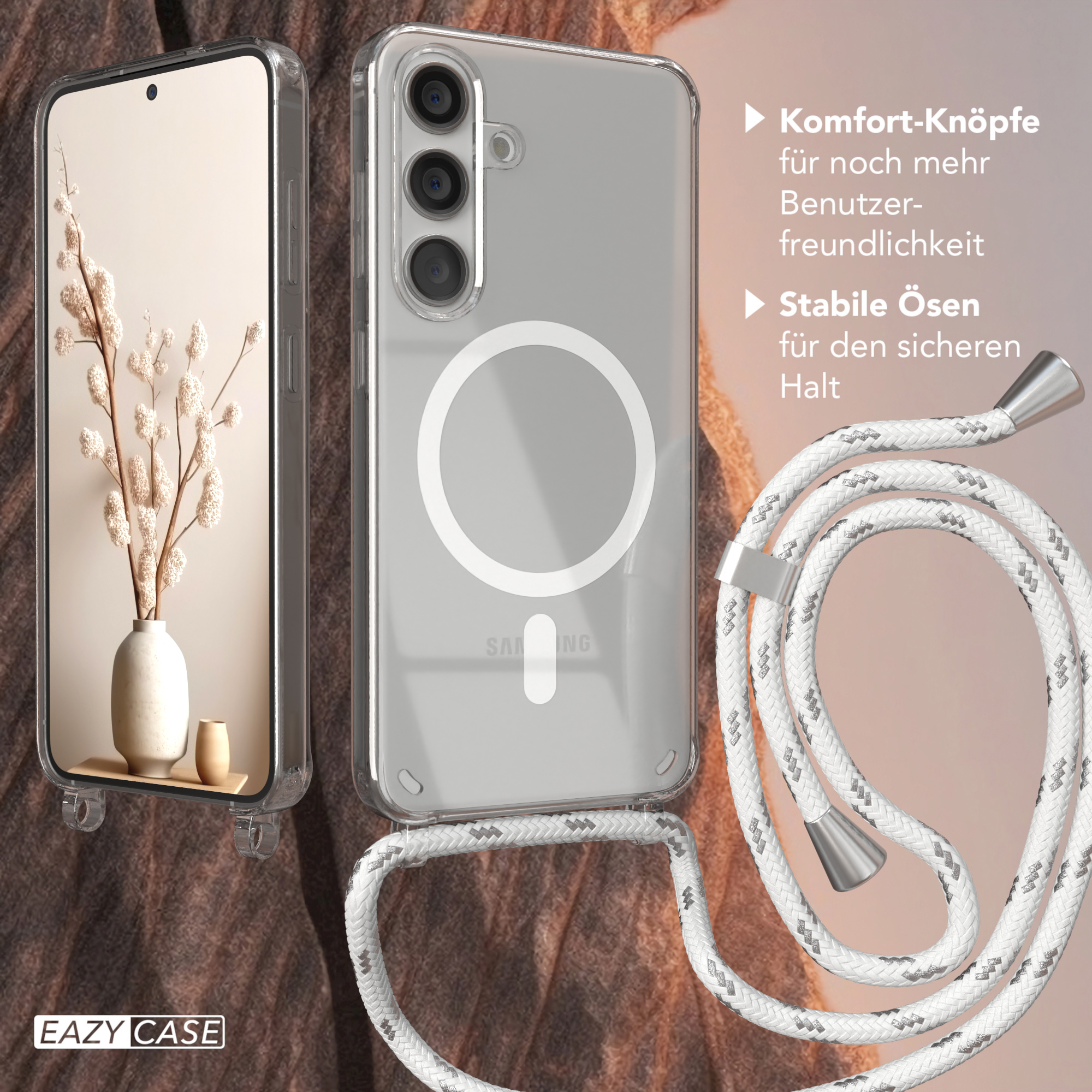 Telefon mit klarer Hülle und Band, Vase mit Blumen, Text. Brauner Hintergrund.