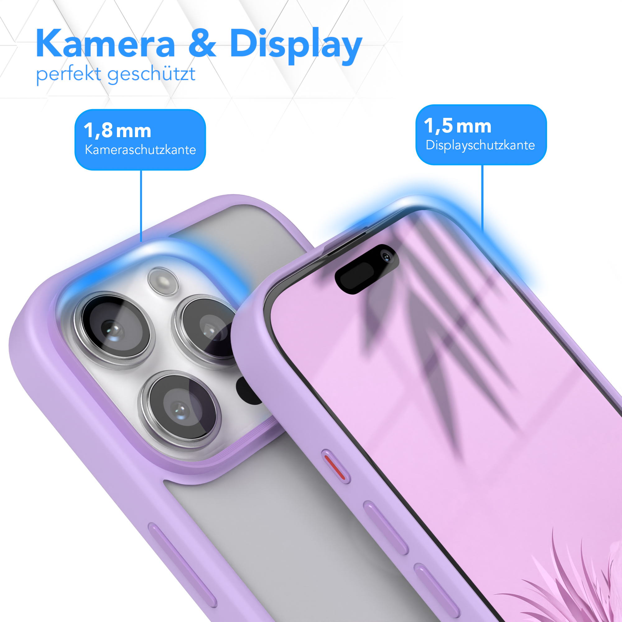 Nahaufnahme einer Handyhülle. Der Text hebt den Schutz für Kamera und Display hervor.