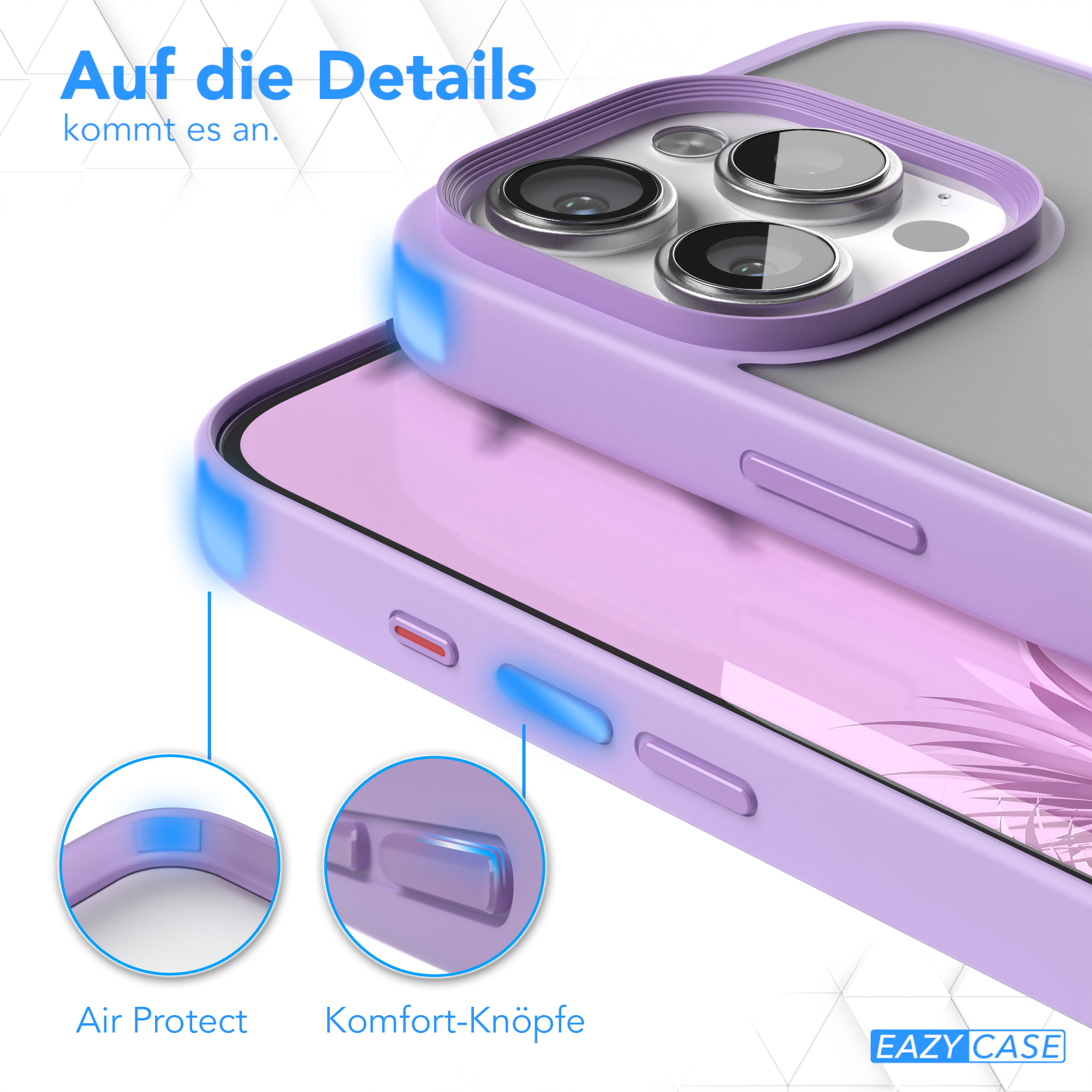 Nahaufnahme einer Handyhülle mit Knöpfen und dem Telefon. Textüberlagerungen.