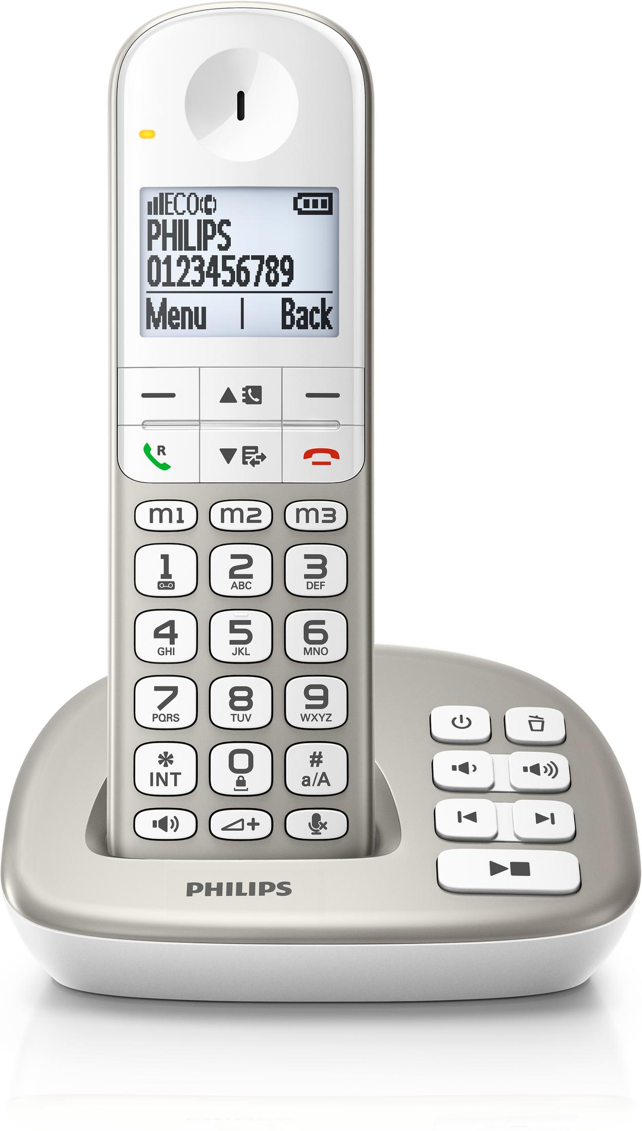 Ein weißes schnurloses Telefon mit einem Bildschirm, der Zahlen anzeigt. Die Basis hat Knöpfe.