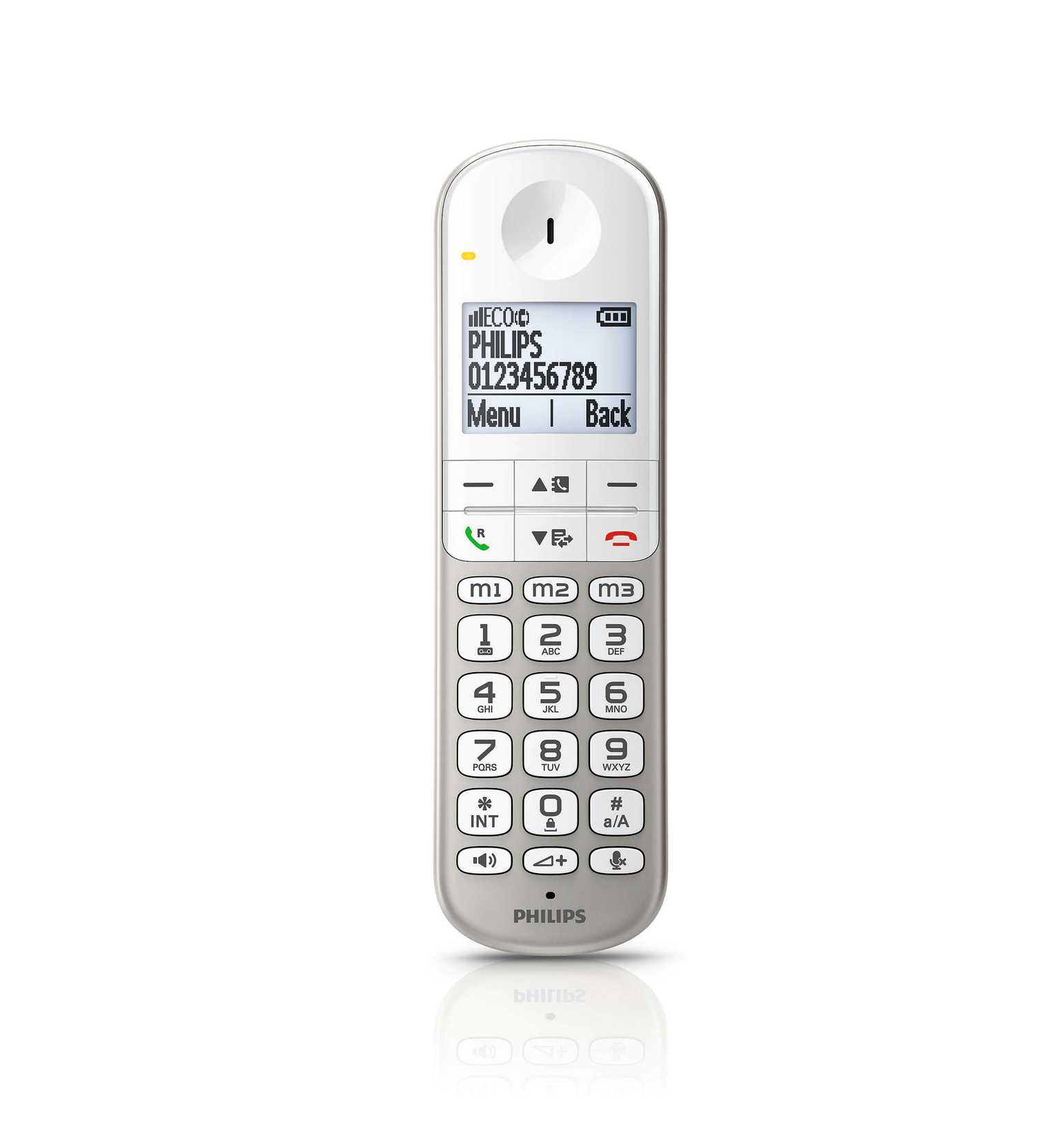 Weißes schnurloses Telefon. Das Display zeigt Nummern. Tasten darunter. Reflexion unter dem Telefon.