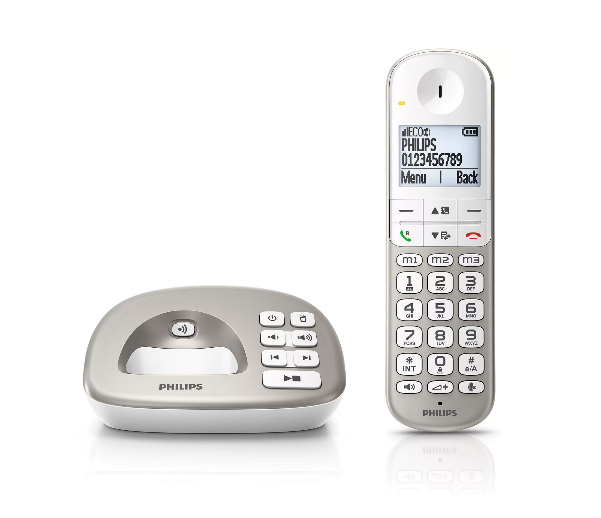 Ein weißes schnurloses Telefon mit Basis. Das Telefon hat ein Display und Zifferntasten.