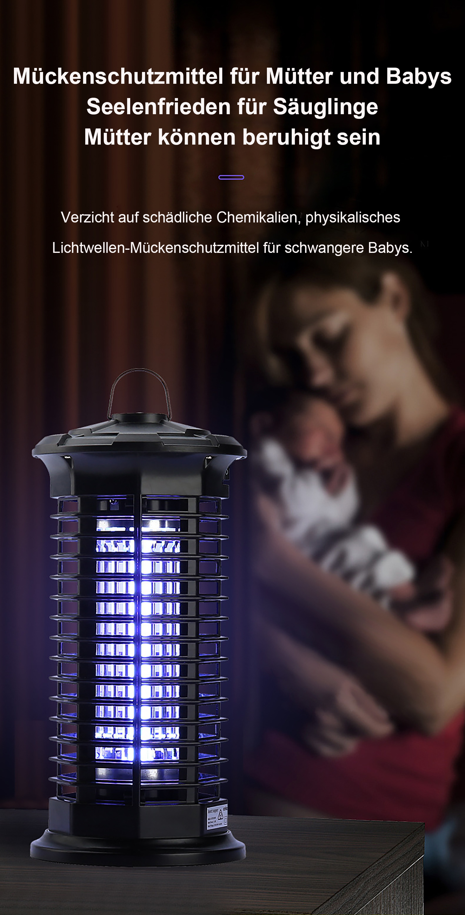 Ein Insektenvernichter, im Hintergrund ein Baby und eine Mutter. Es lockt Insekten an.
