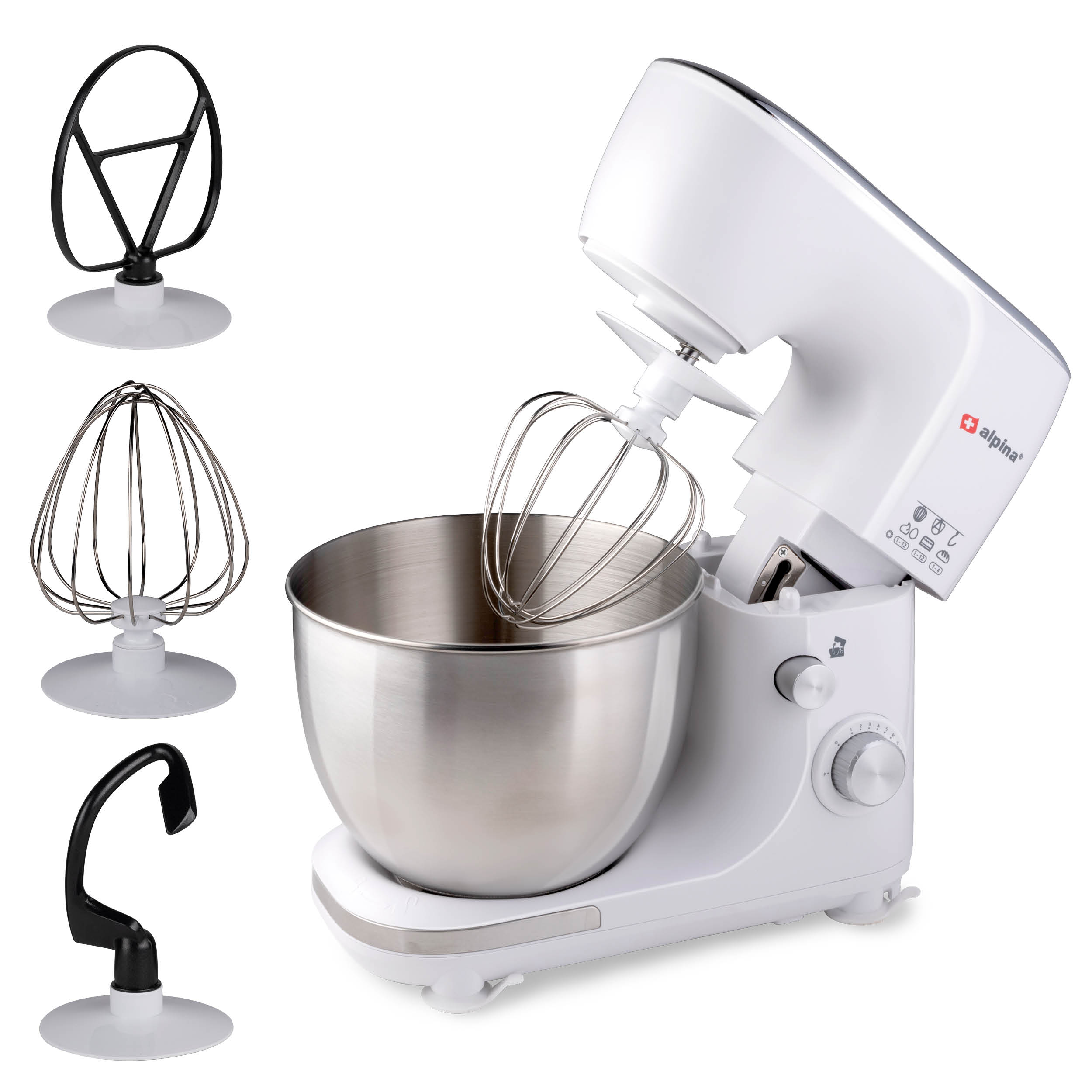 Weißer Küchenmixer mit Aufsätzen. Enthält Schneebesen, Haken und Schläger. Weißer Hintergrund.