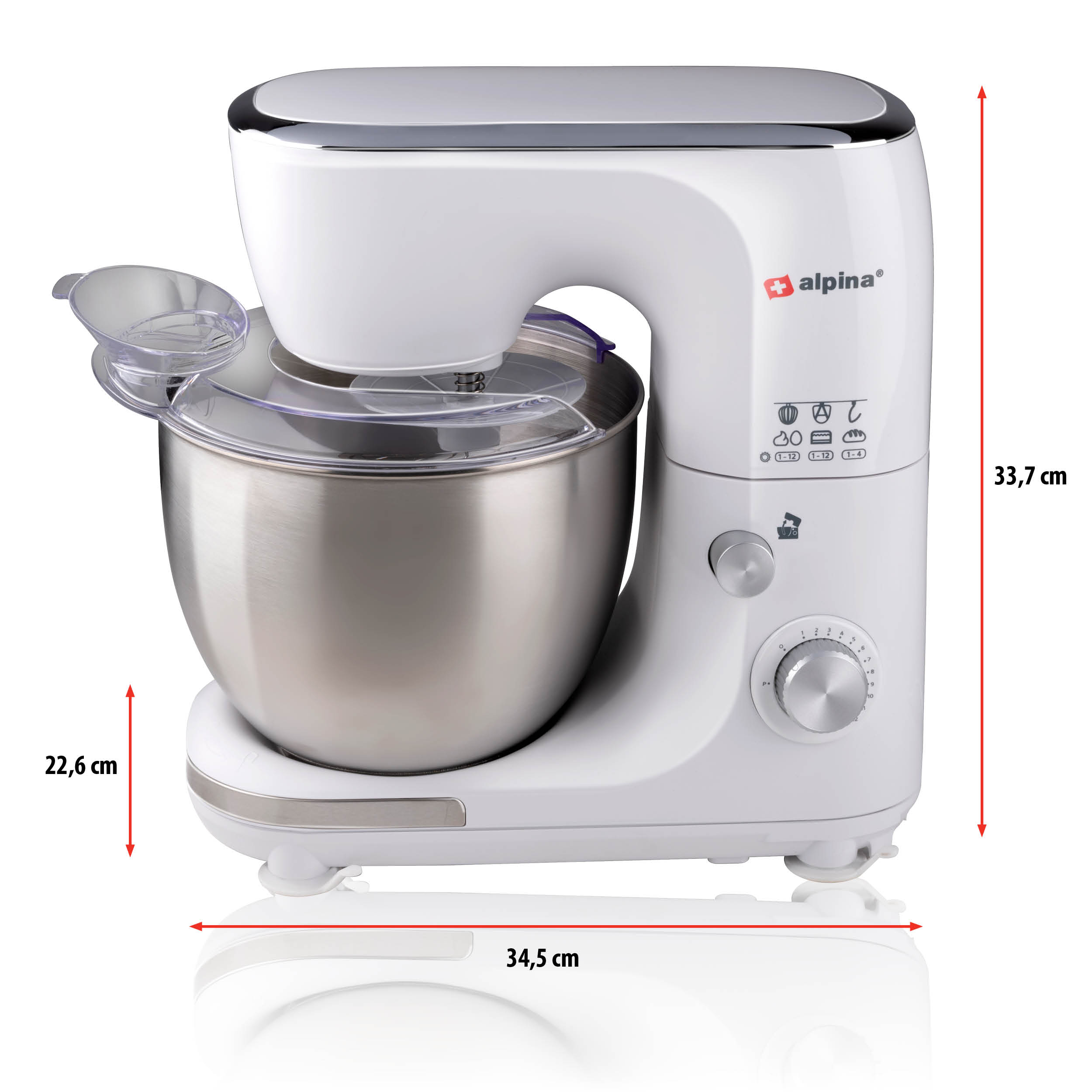 Ein weißer Küchenmixer mit einer Edelstahlschüssel, einer transparenten Kunststoffabdeckung und Maßangaben.
