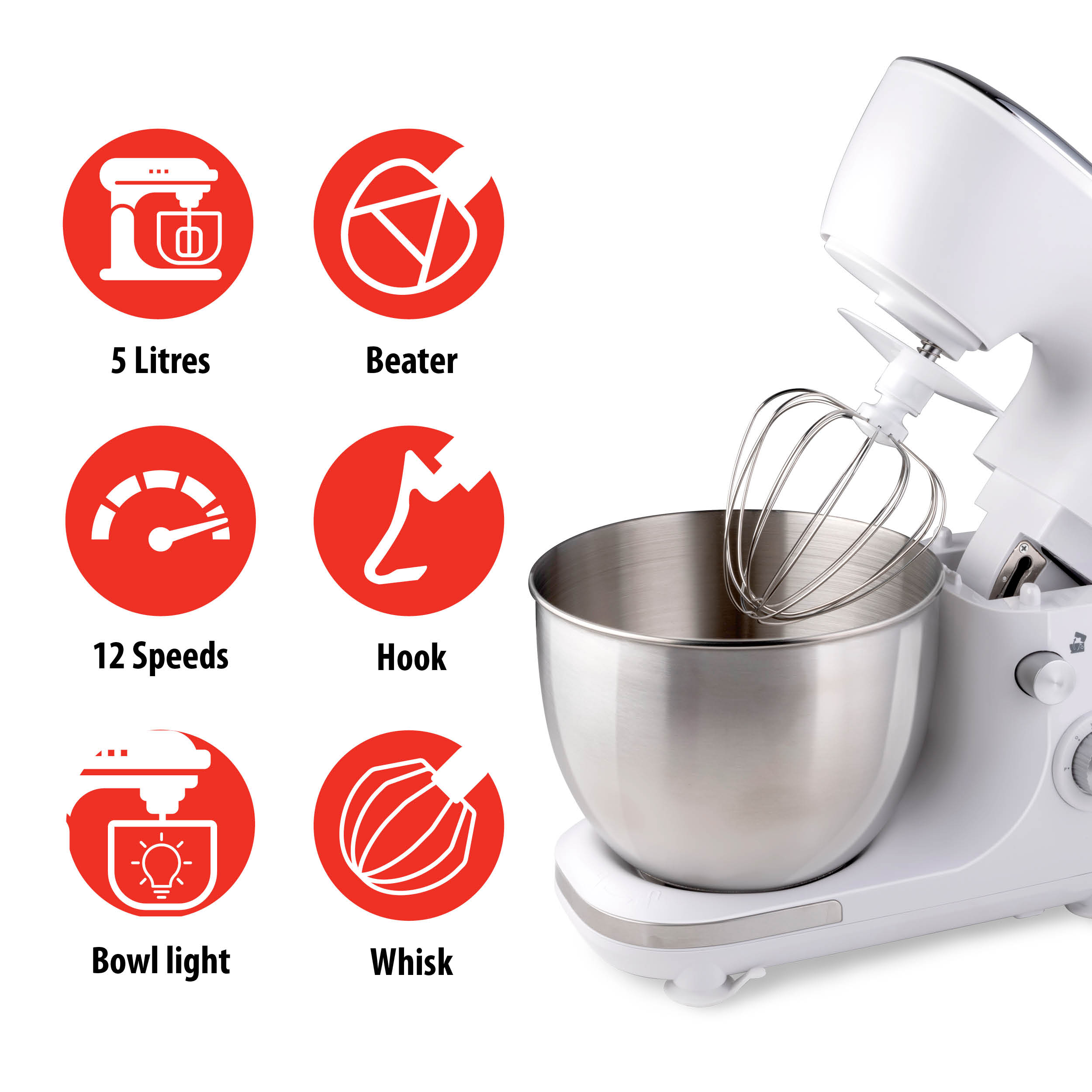 Ein weißer Küchenmixer mit Aufsätzen. Symbole zeigen die Mixer-Funktionen: 5 Liter, Schläger, 12 Geschwindigkeiten.