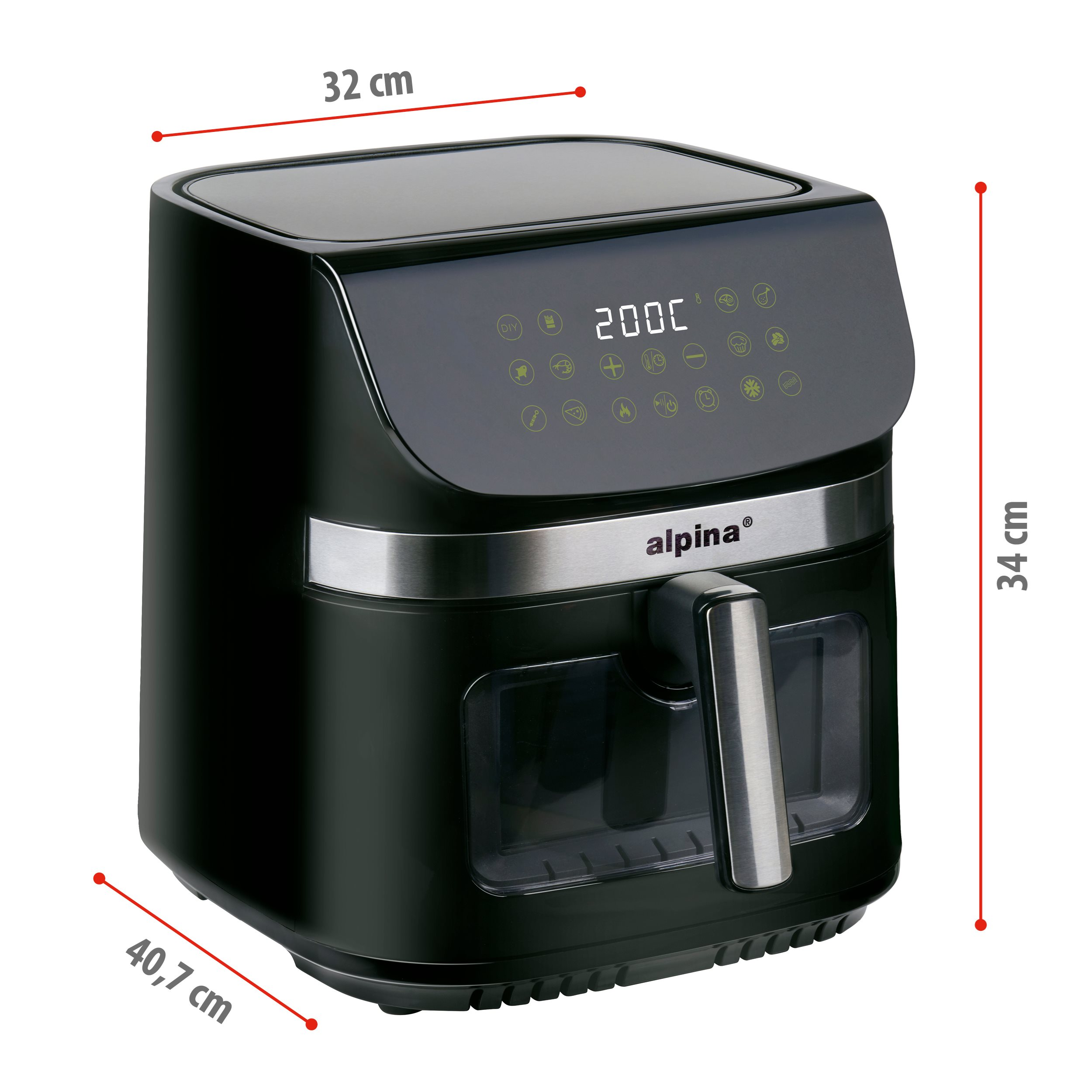 Zwarte airfryer met afmetingen. Het heeft een digitaal display en een handvat.