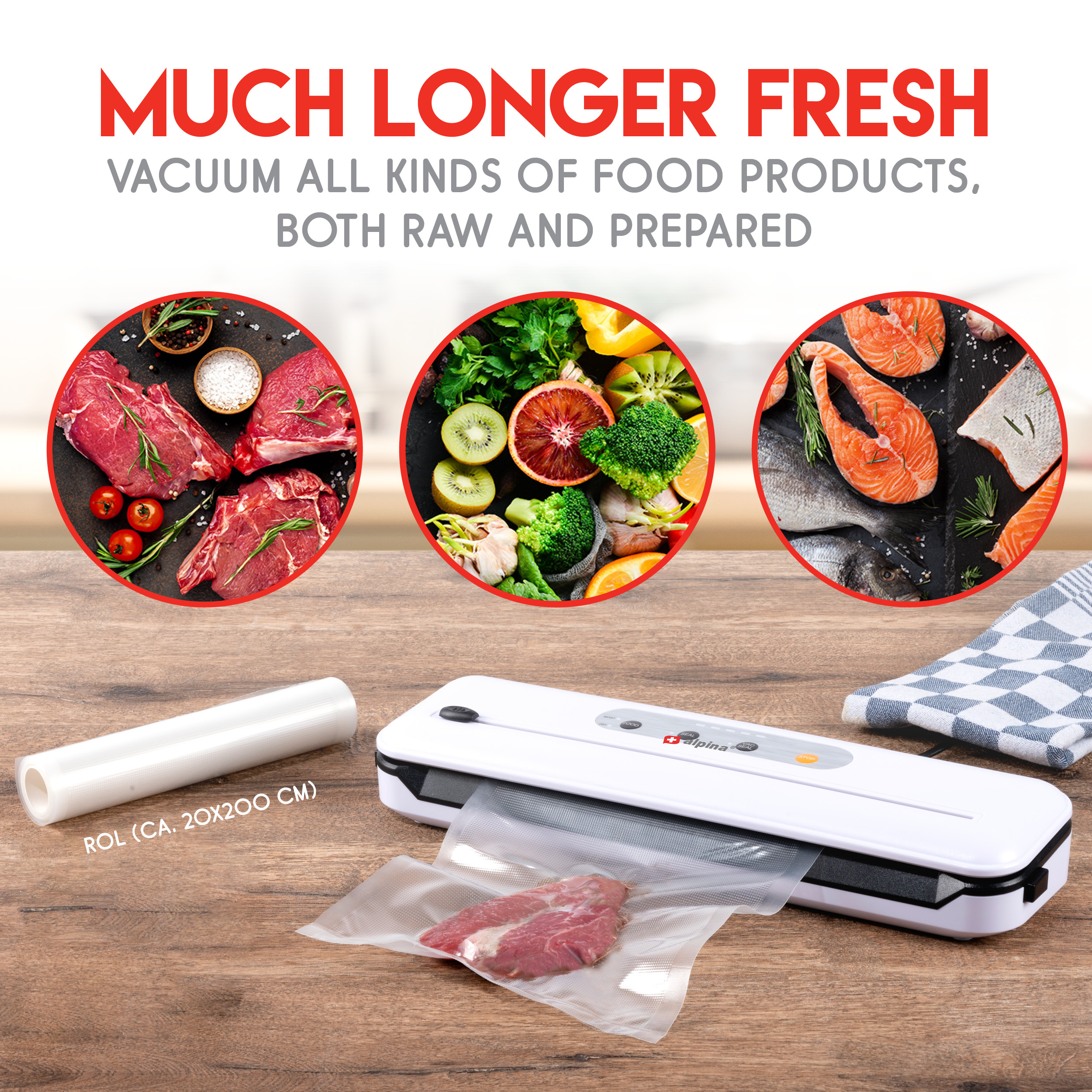 Scelleuse sous vide avec aliments : viande, saumon, légumes et un rouleau blanc.