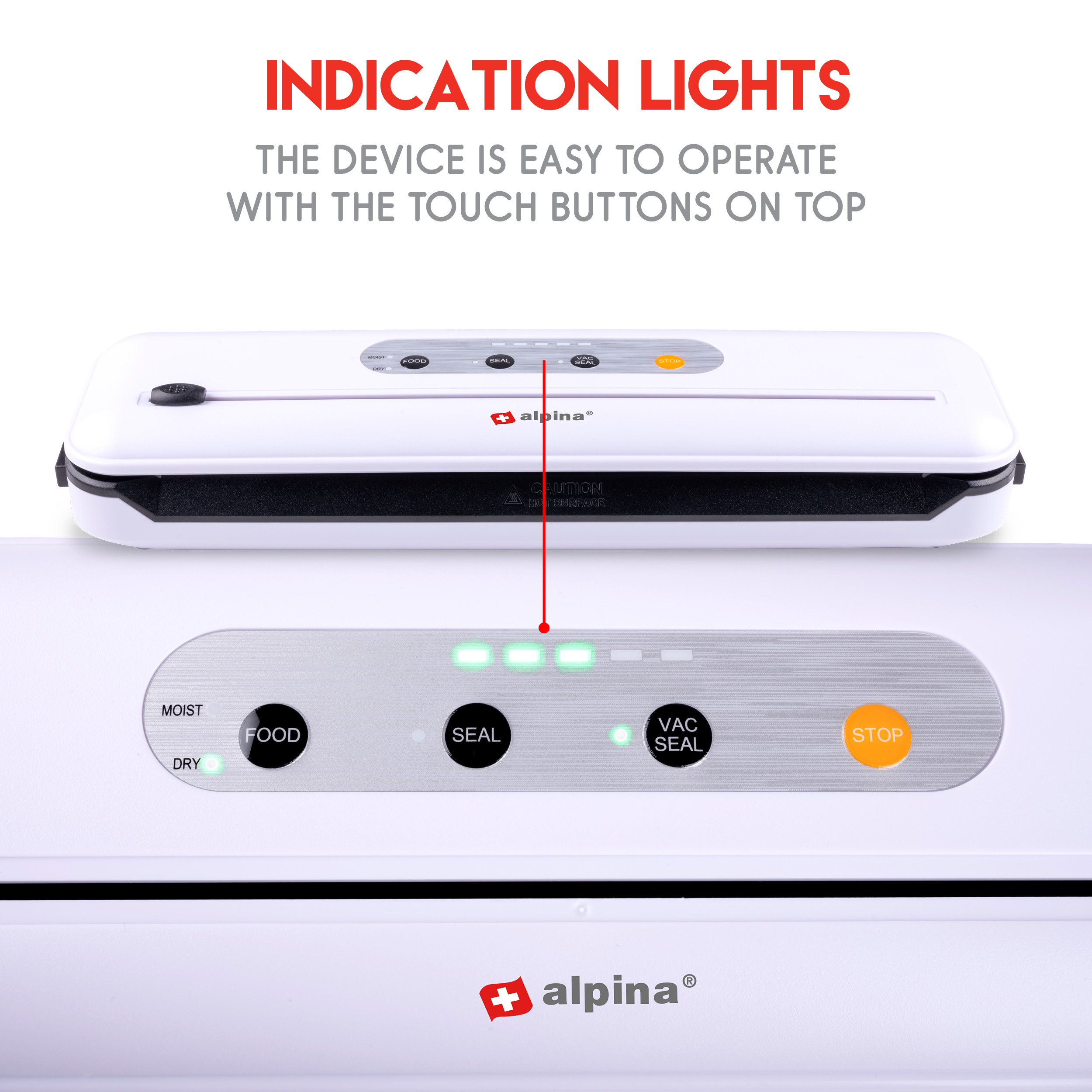 Une scelleuse alimentaire blanche avec des boutons. L'appareil est facile à utiliser avec des boutons tactiles sur le dessus.
