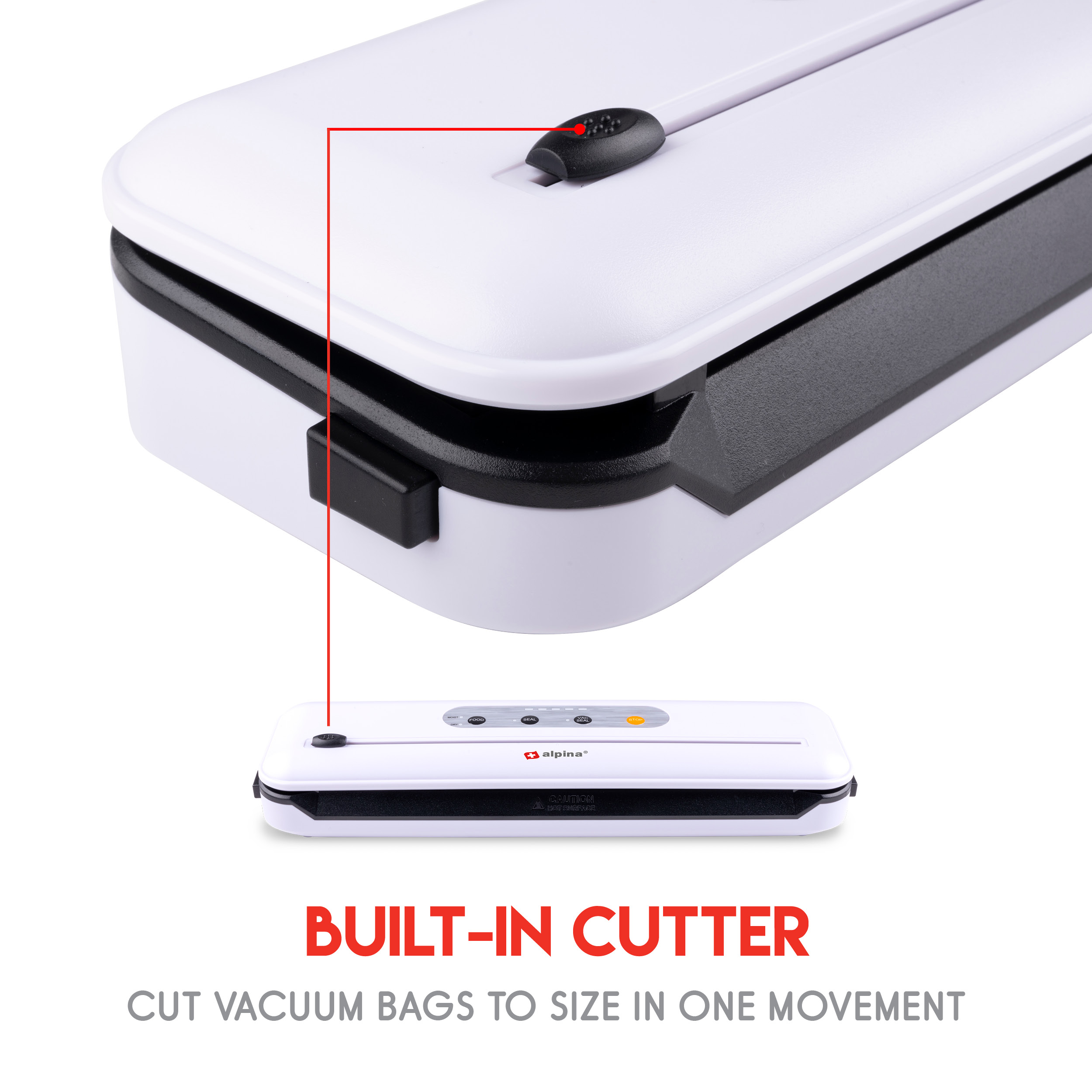 Scelleuse sous vide blanche et noire avec une ligne rouge pointant vers un cutter intégré. Texte : « Cutter intégré », « Couper les sacs ».