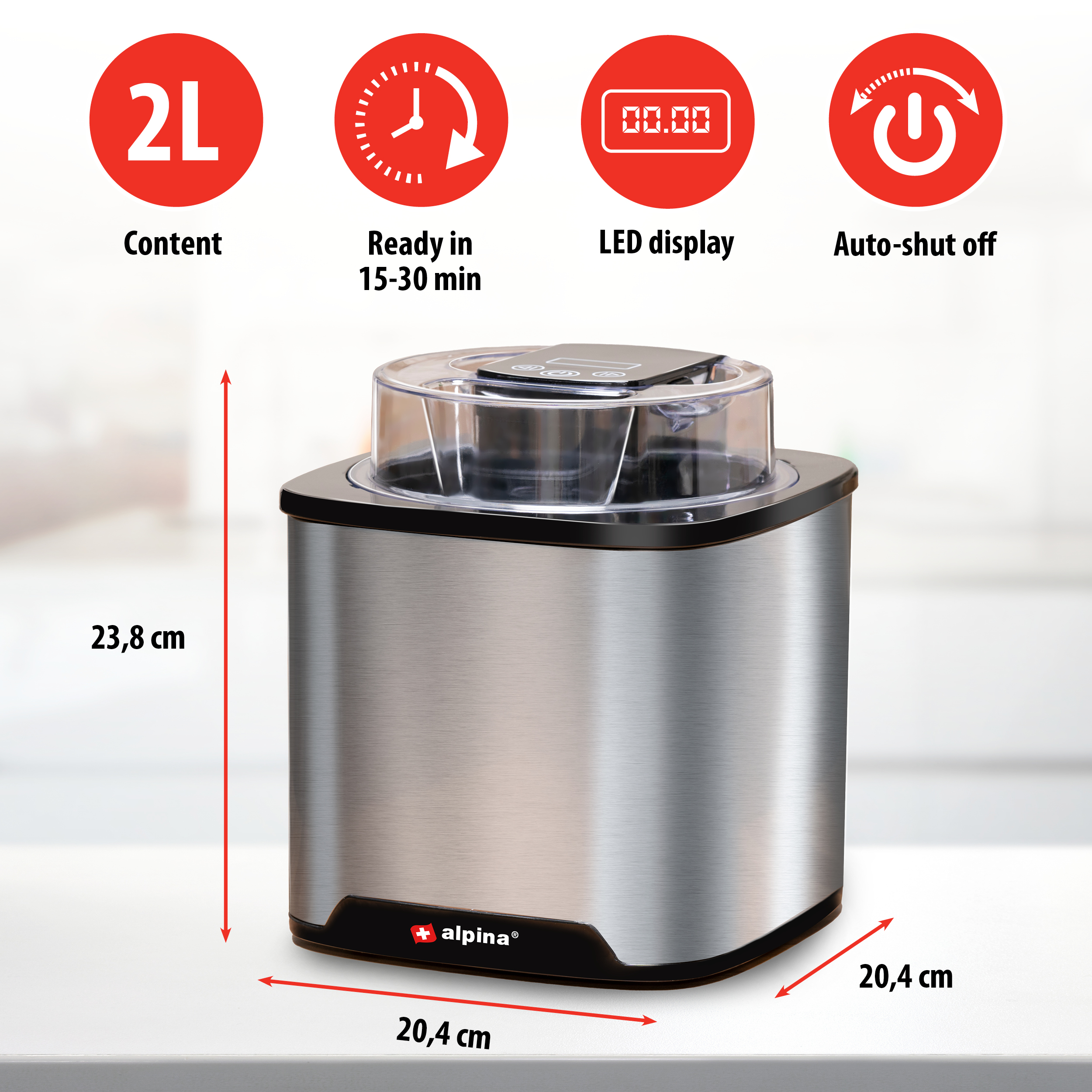 A silver and black ice cream maker with dimensions and icons for capacity, time, display and shut-off.