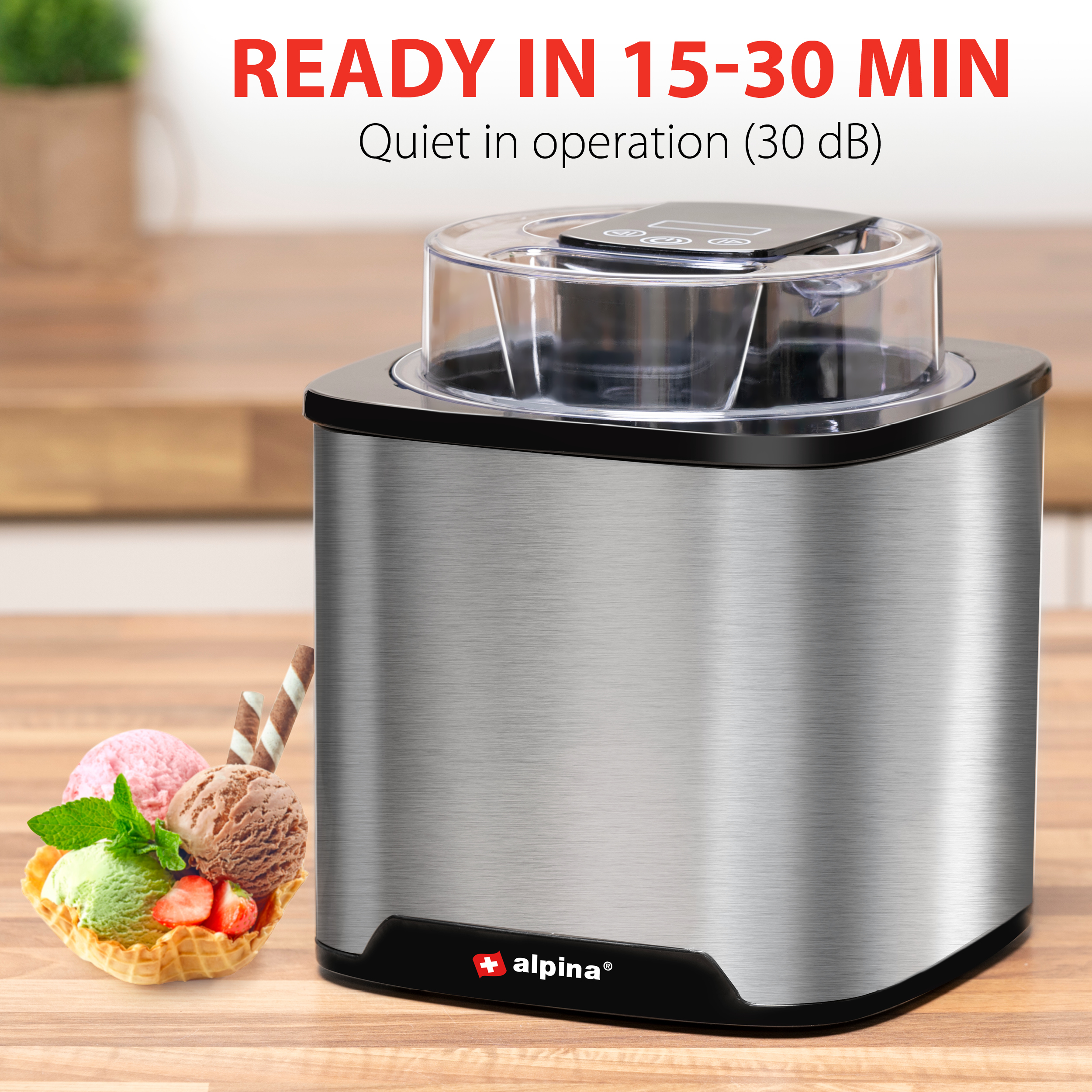 Stainless steel ice cream maker with ice cream in a waffle bowl. Text: 'Ready in 15-30 min'.