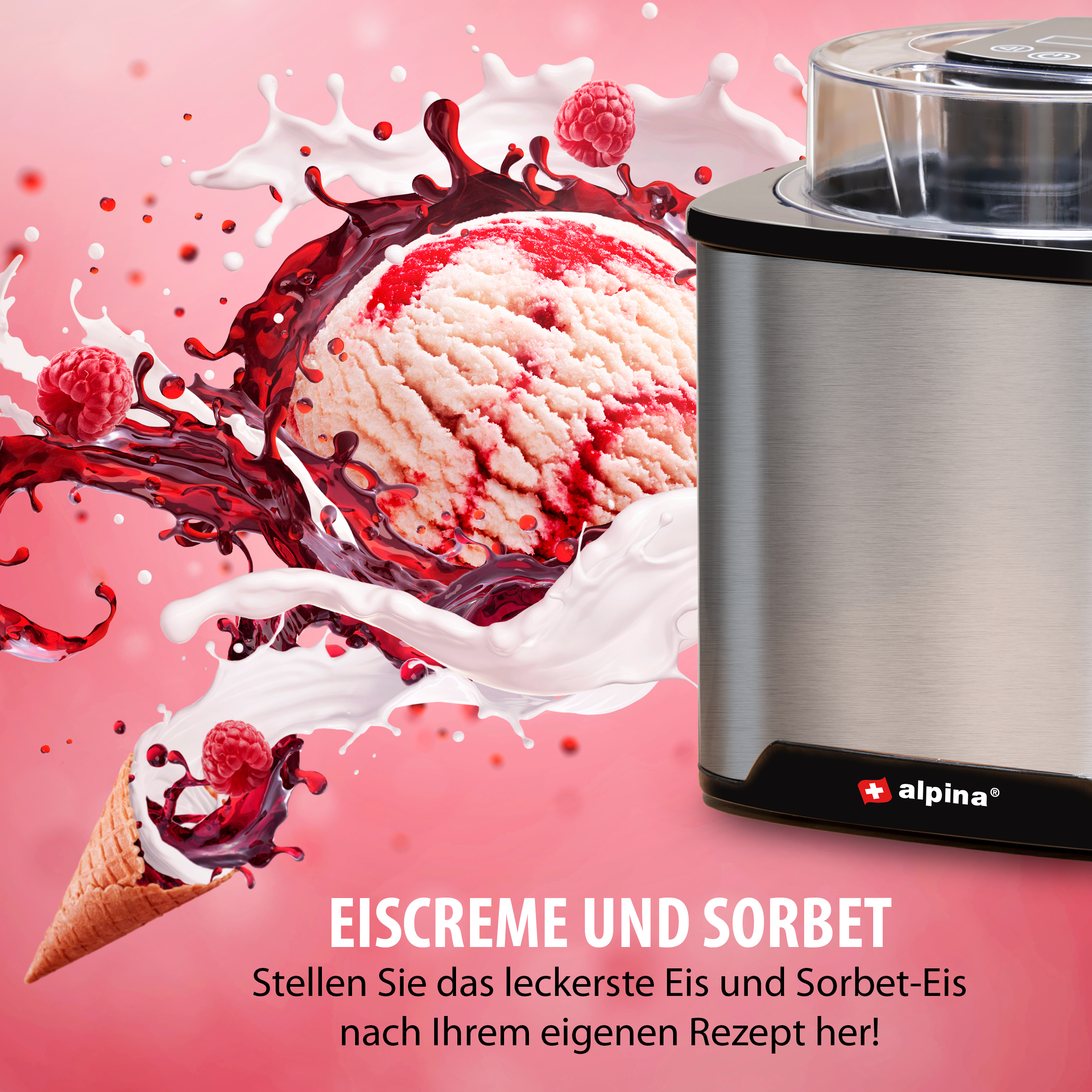 Ice cream with raspberries and splash of milk. An ice cream machine is on the right.