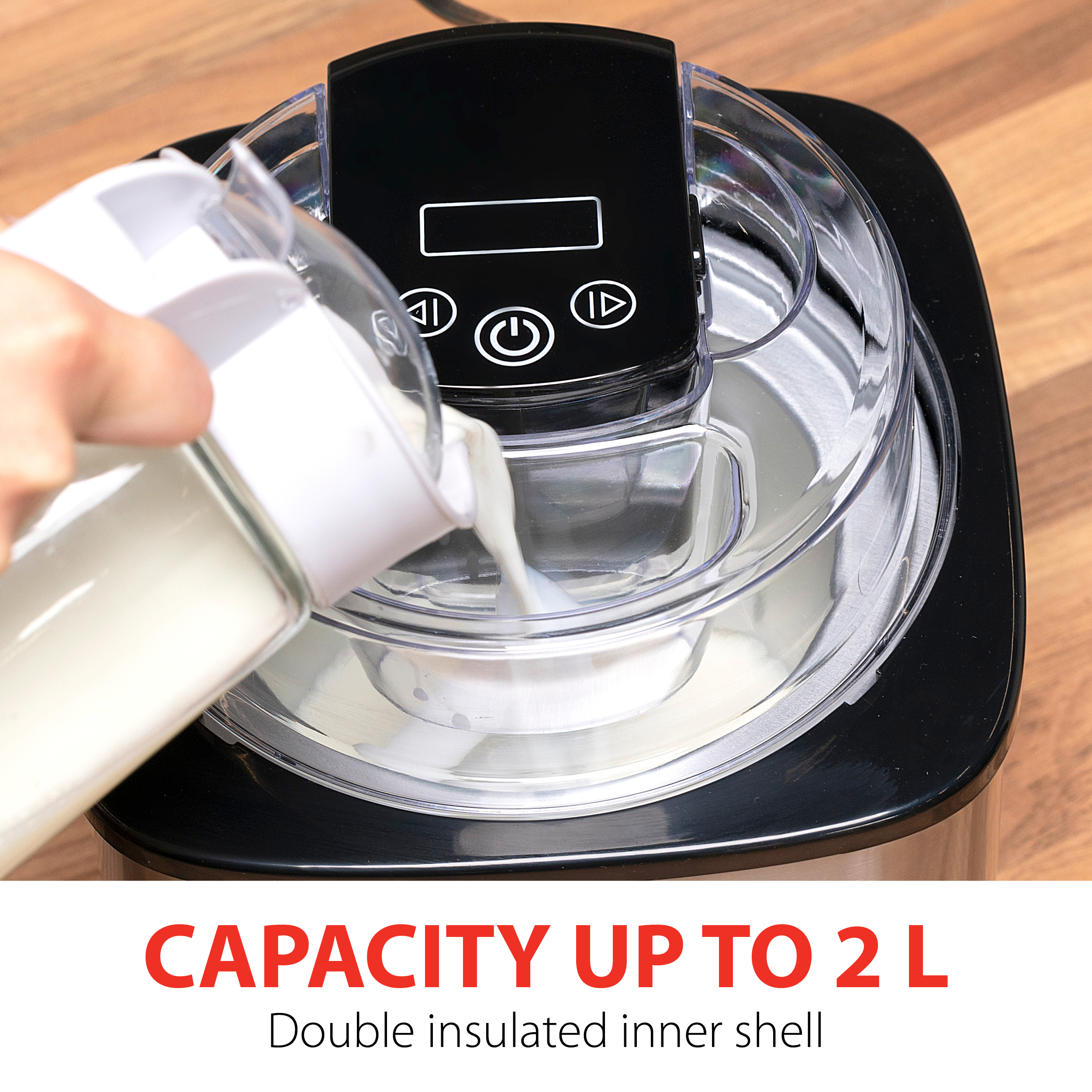 Pouring milk into an ice cream maker with the text "CAPACITY UP TO 2 L".