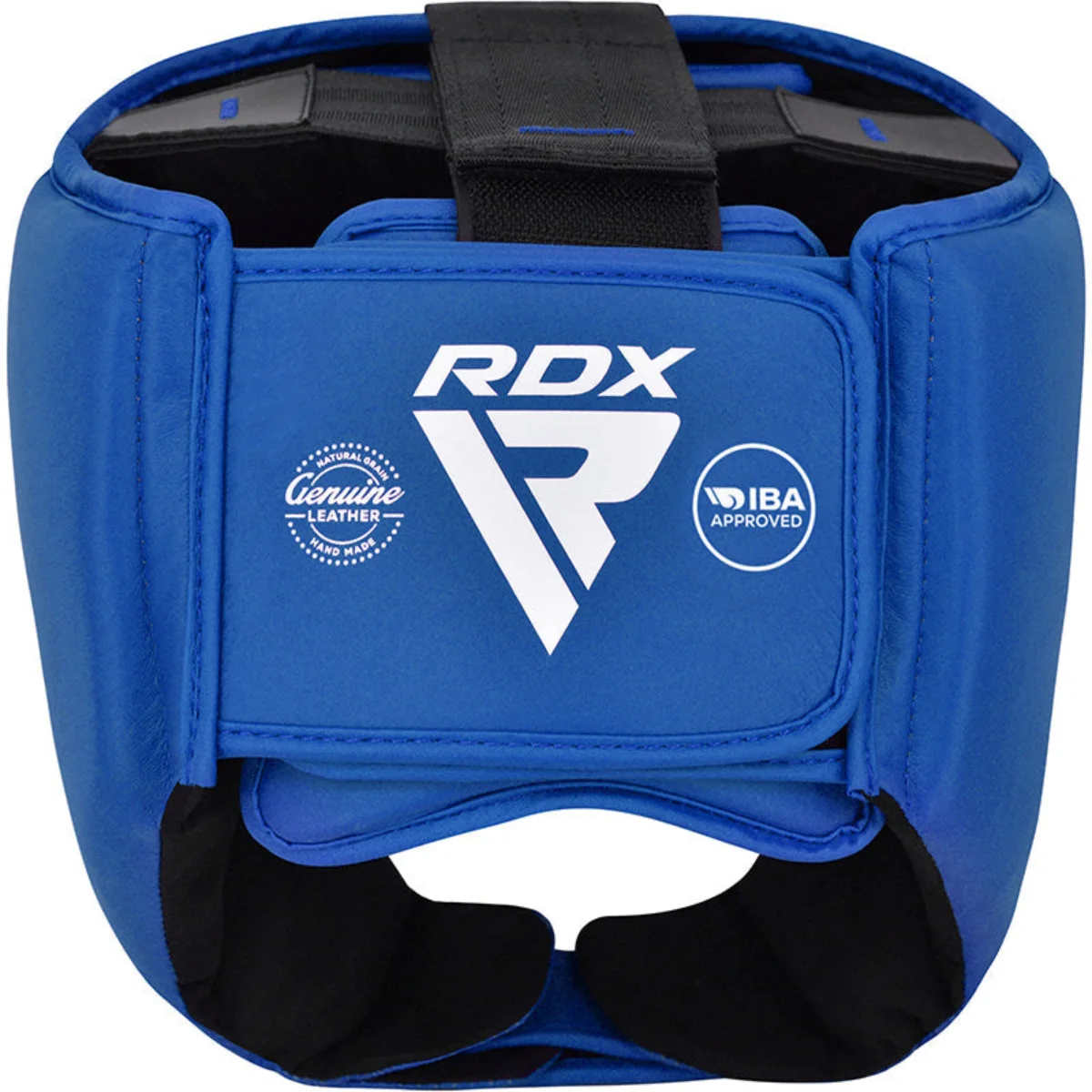Een blauwe RDX bokshoofdbeschermer met het logo. Zwarte banden en vulling zijn zichtbaar.