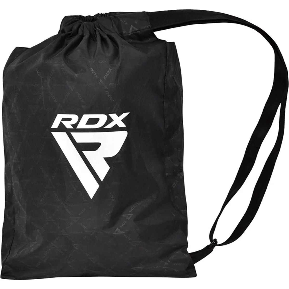 Zwarte trekkoordtas met wit 'RDX'-logo. Gestructureerd patroon. Zwarte riem.