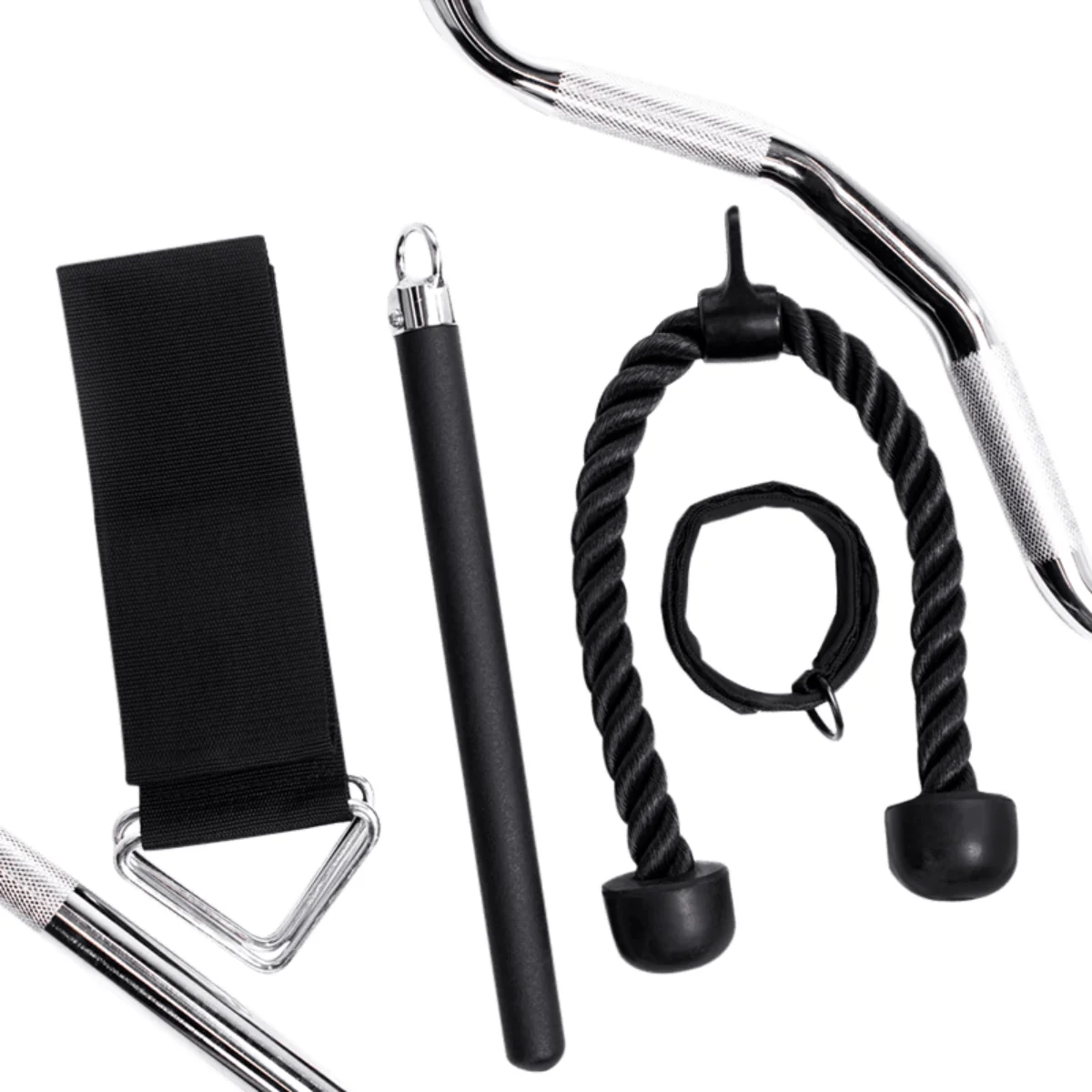 Gym equipment: curved barbell, triceps rope, black strap, and handles, all on a white background.