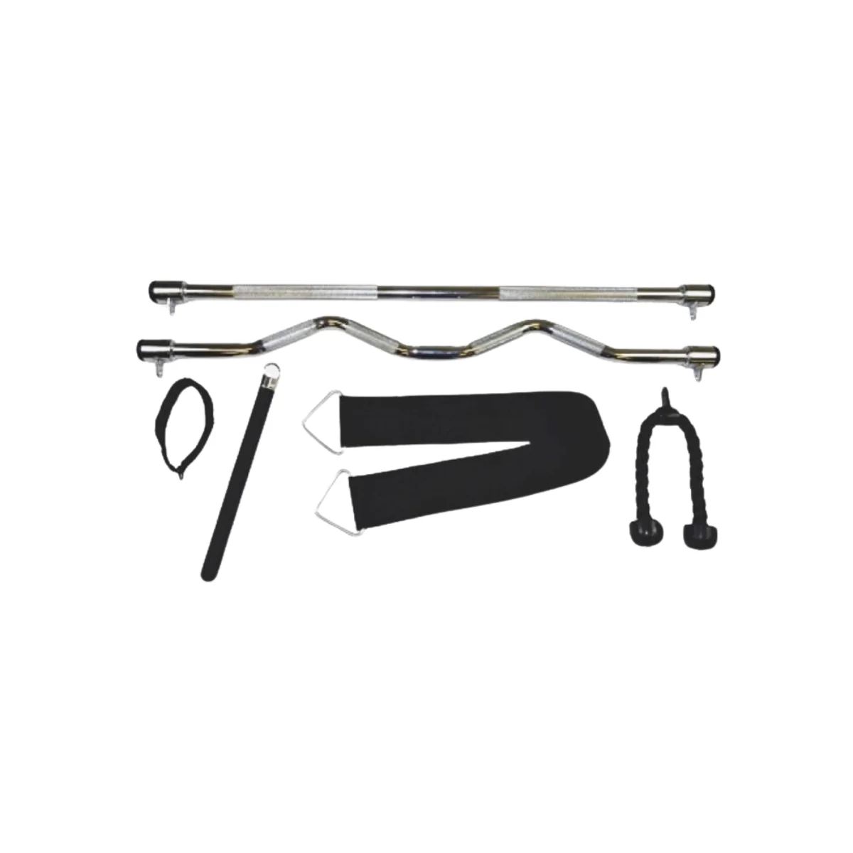 Gym equipment set: a barbell, a curl bar, and various straps and grips.