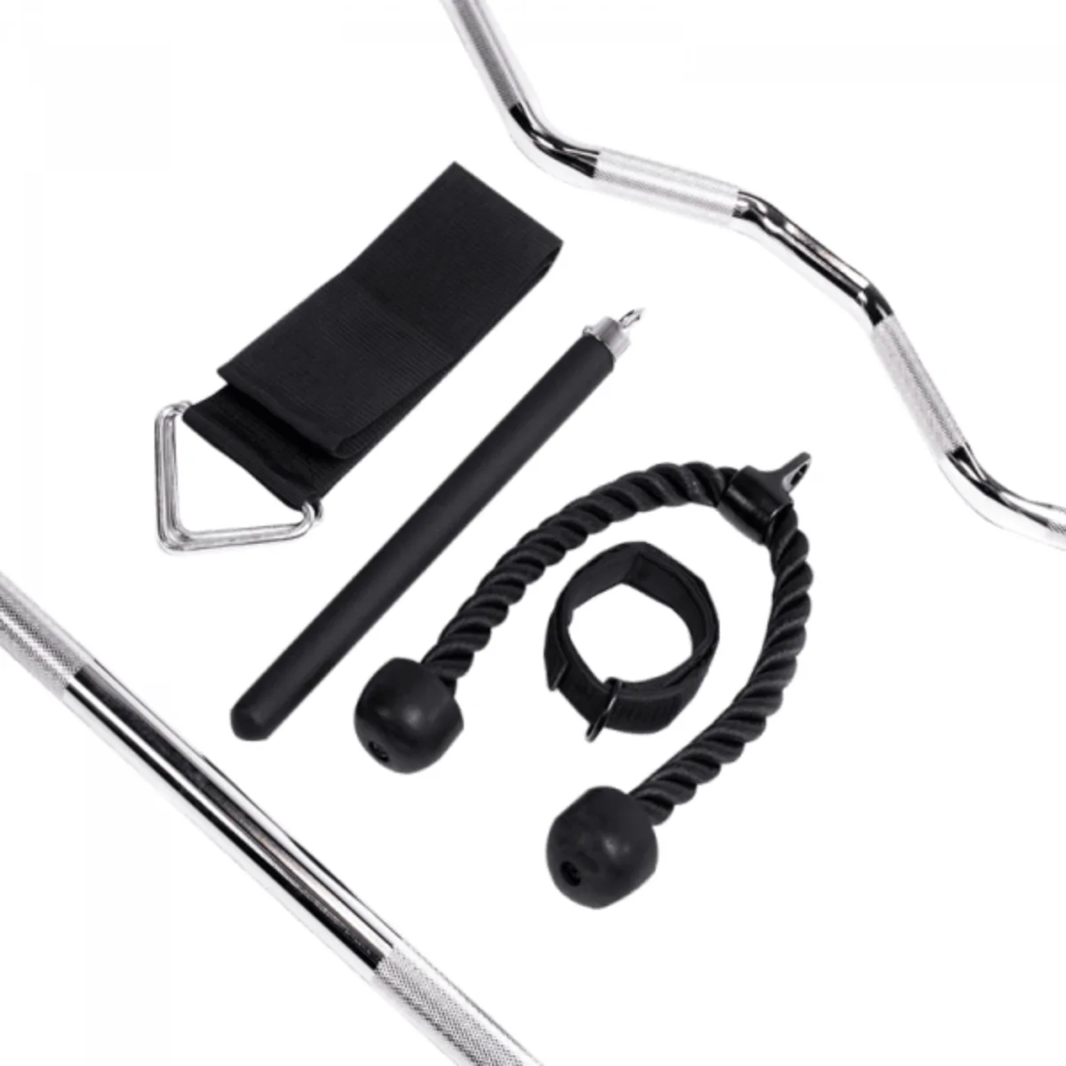 Gym equipment: two chrome bars, a black strap, a black foam roller, and a cable rope with handles.
