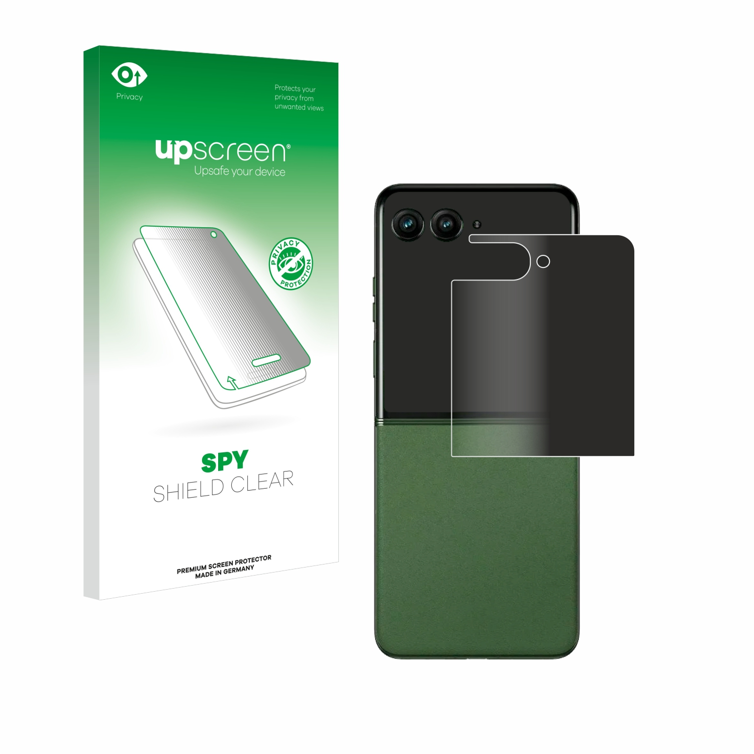 Telefon mit Datenschutz-Displayschutzfolie und Verpackung. Verpackung sagt "SPY SHIELD CLEAR".