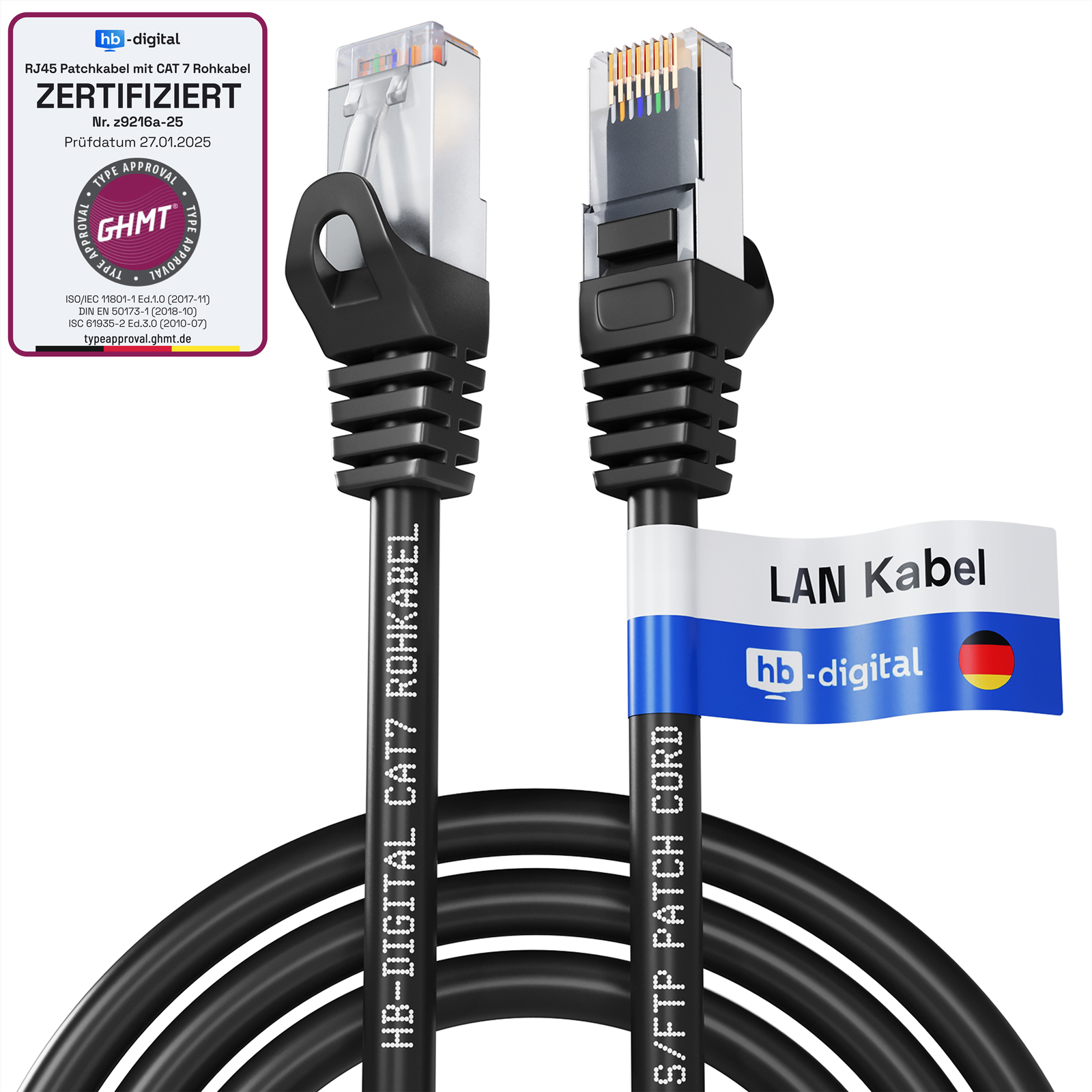 Schwarzes Netzwerkkabel mit RJ45-Steckern. Ein Etikett besagt LAN Kabel und hat eine deutsche Flagge.