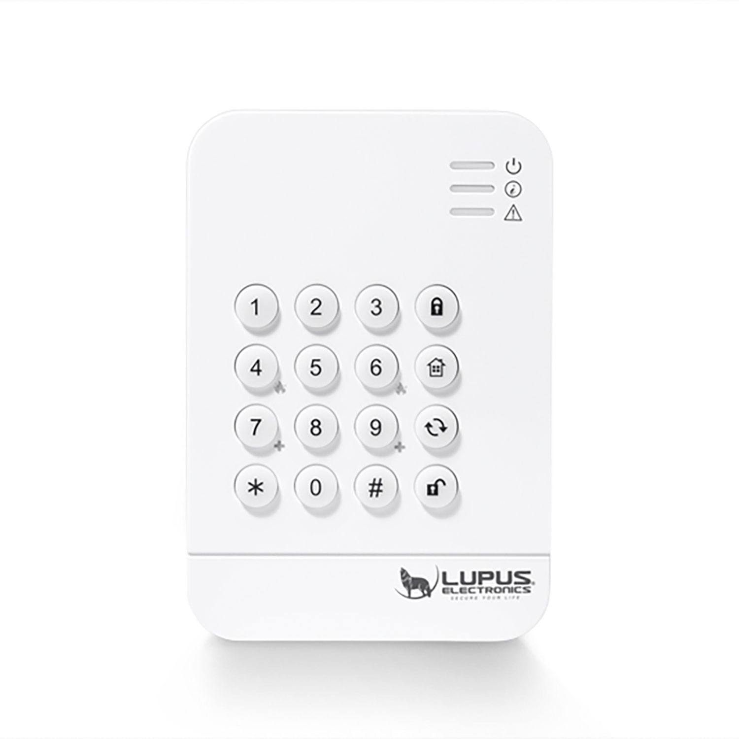 Ein weißes Sicherheitssystem-Tastatur mit Zahlen und Tasten. Der Markenname LUPUS ELECTRONICS steht unten.