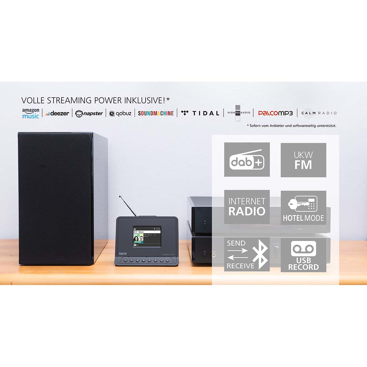 Streaming music player with logos of music services and function icons. Text: Streaming Power.