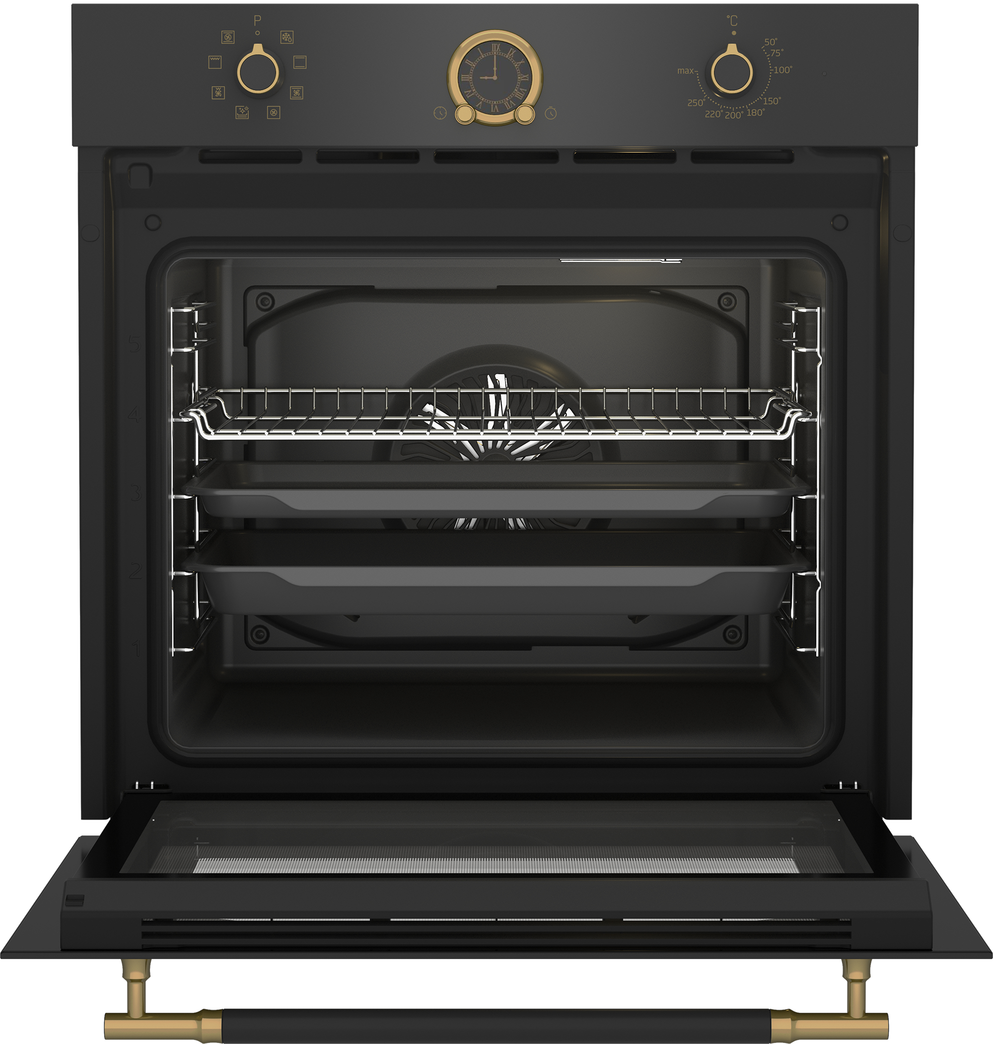 Forno nero aperto con dettagli dorati. Interno con ripiani e teglie. Pannello di controllo in alto.