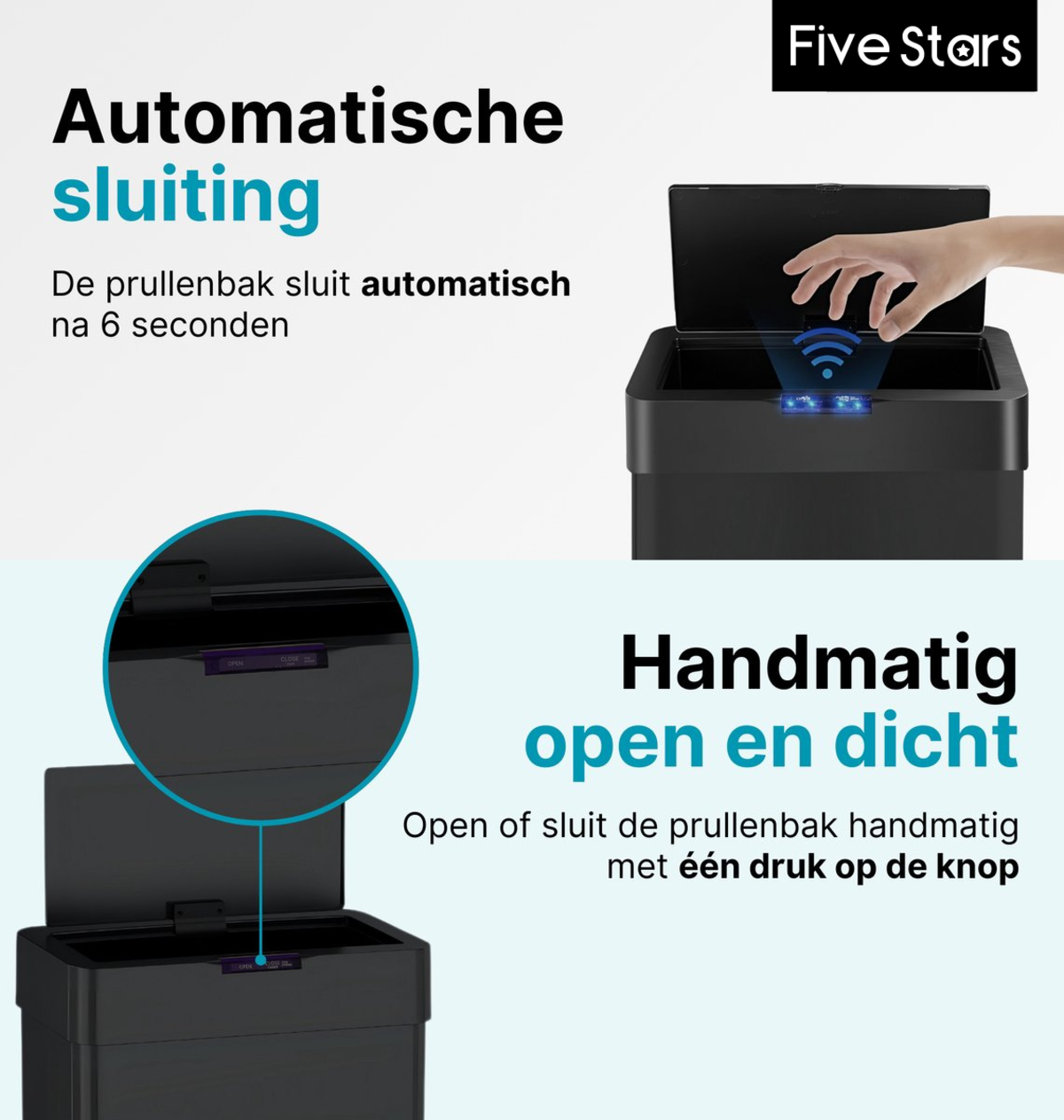 Zwarte prullenbak met automatische sluiting met blauw licht.