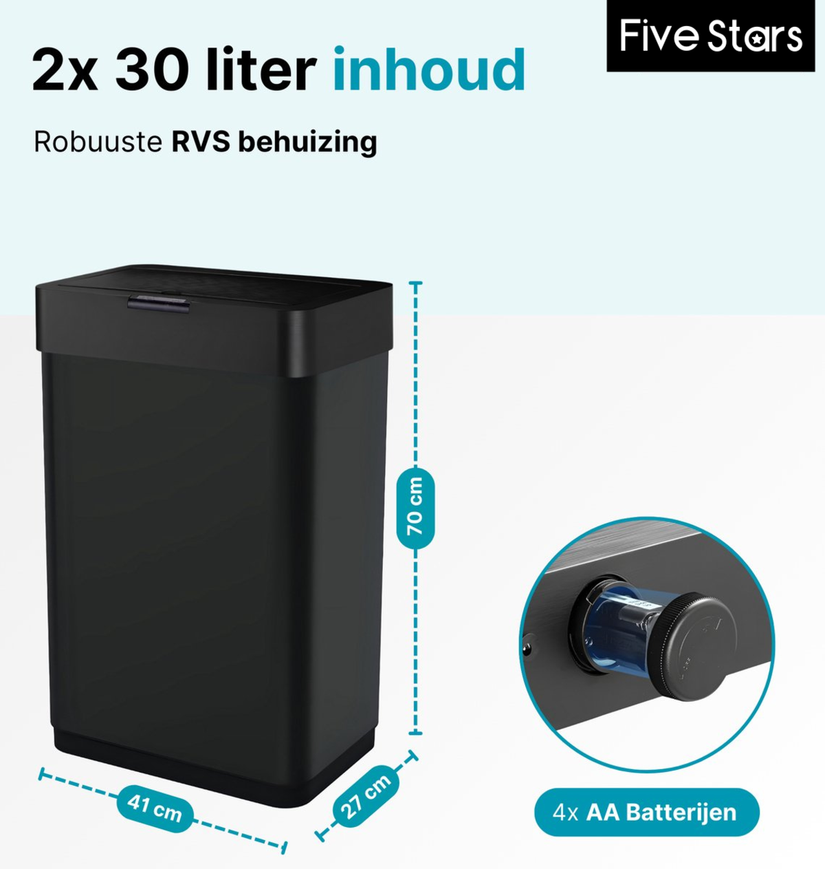 Zwarte vuilnisbak met afmetingen, 2x30 liter inhoud en batterijen.
