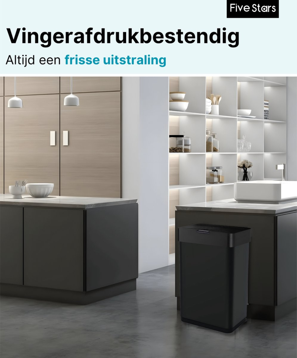 Keuken met een zwarte vuilnisbak, kasten en witte planken met diverse items.
