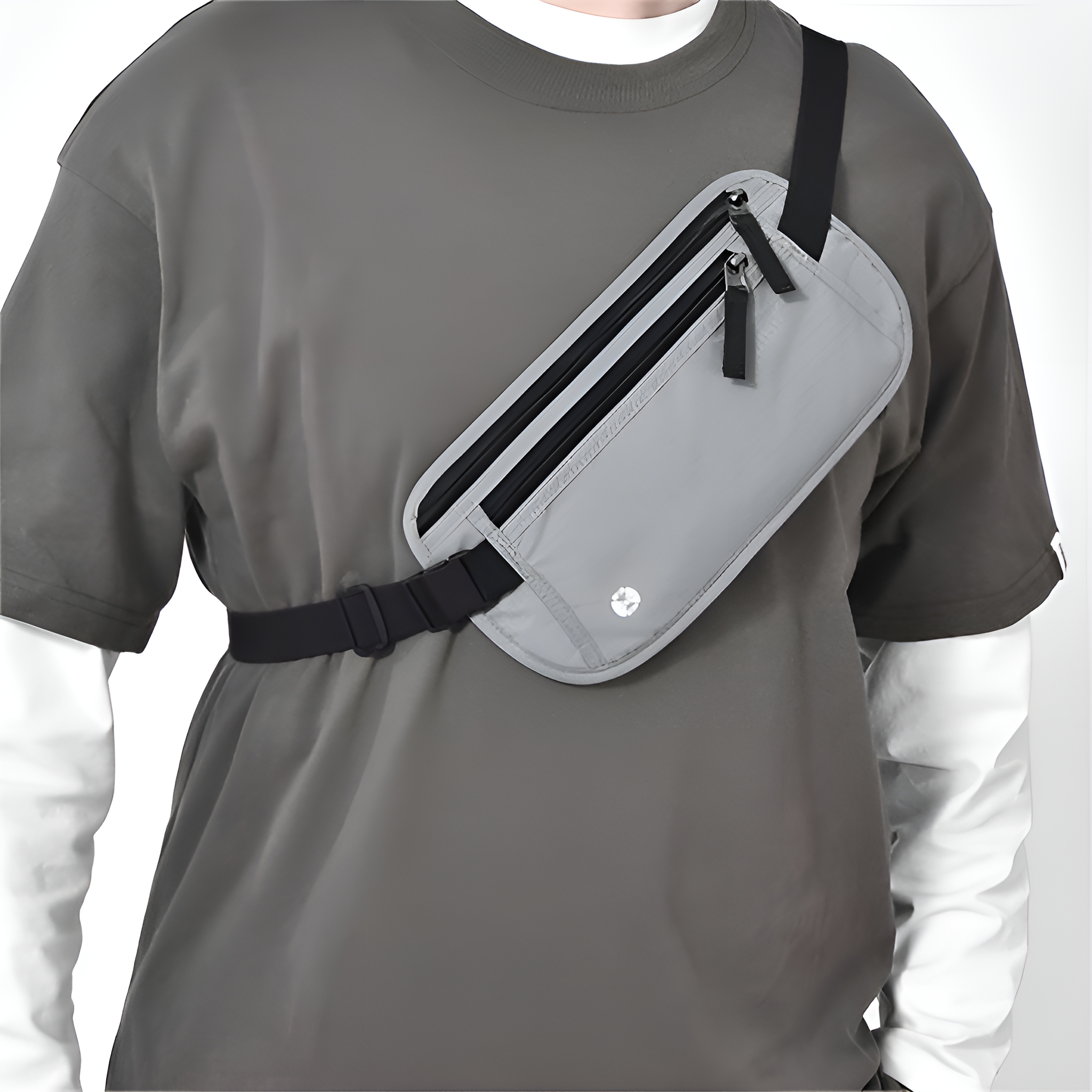 Eine Person trägt ein graues T-Shirt und eine graue Bauchtasche mit schwarzen Reißverschlüssen und Riemen.