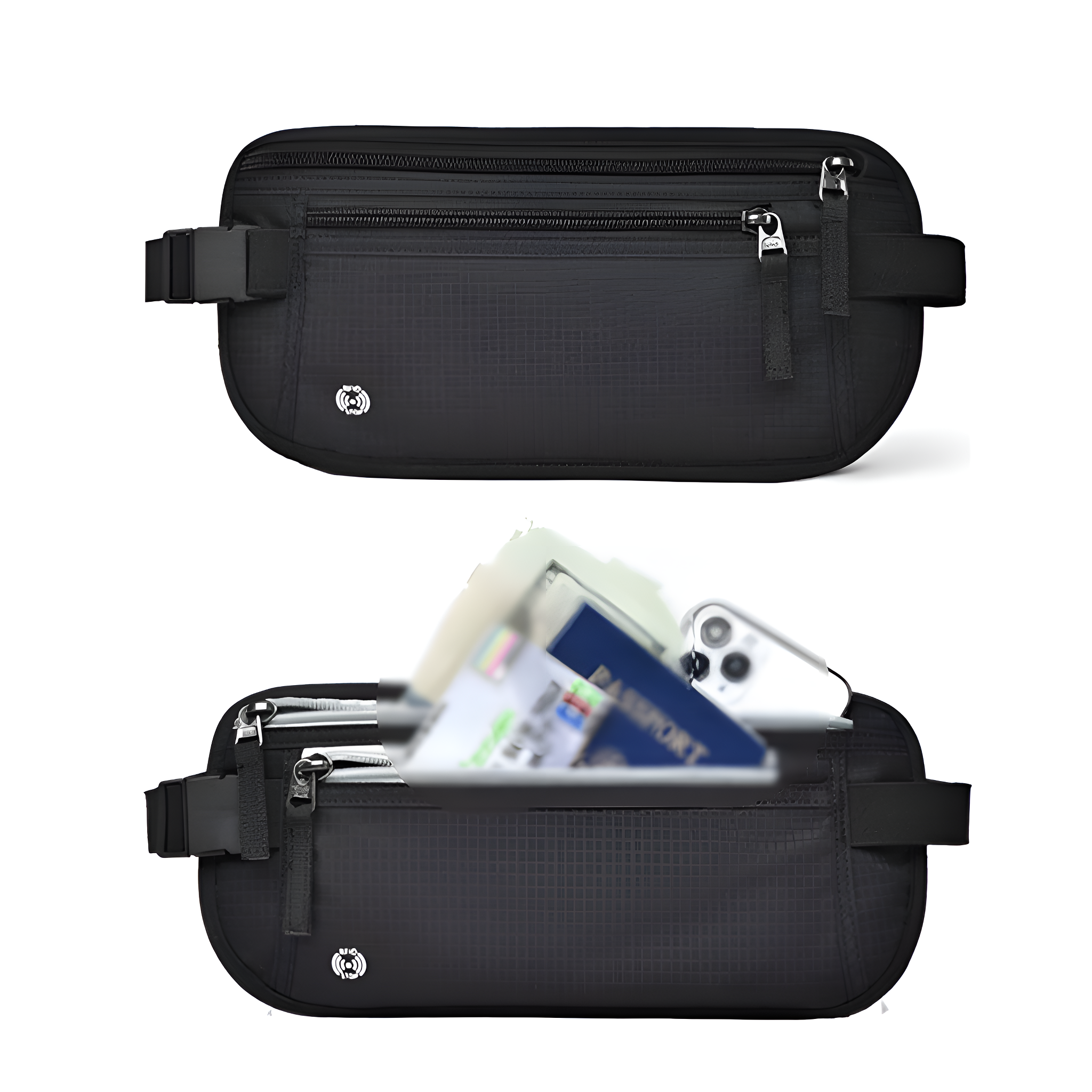 Schwarze Bauchtasche mit Reißverschlüssen und eine zweite mit Inhalt offen.
