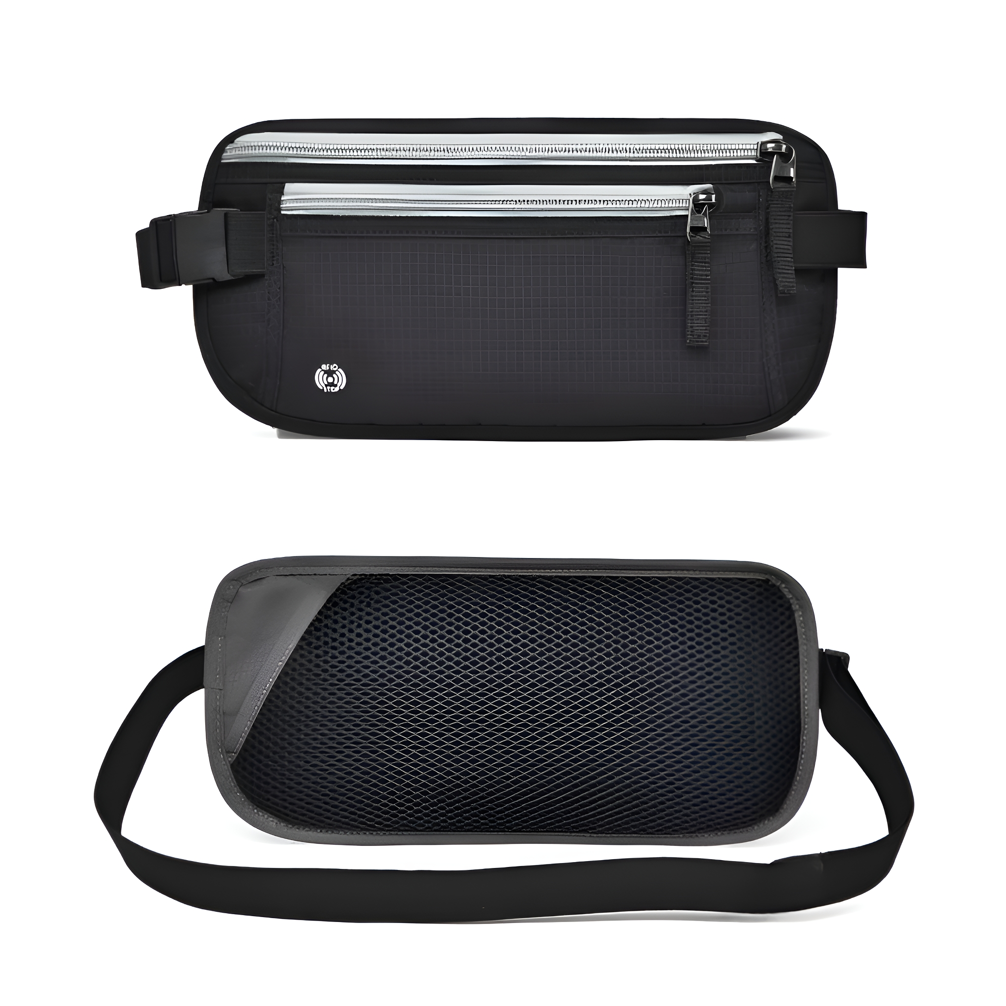Schwarze Bauchtasche, Vorder- und Rückansicht. Reißverschlüsse, Riemen und Mesh-Details sichtbar.
