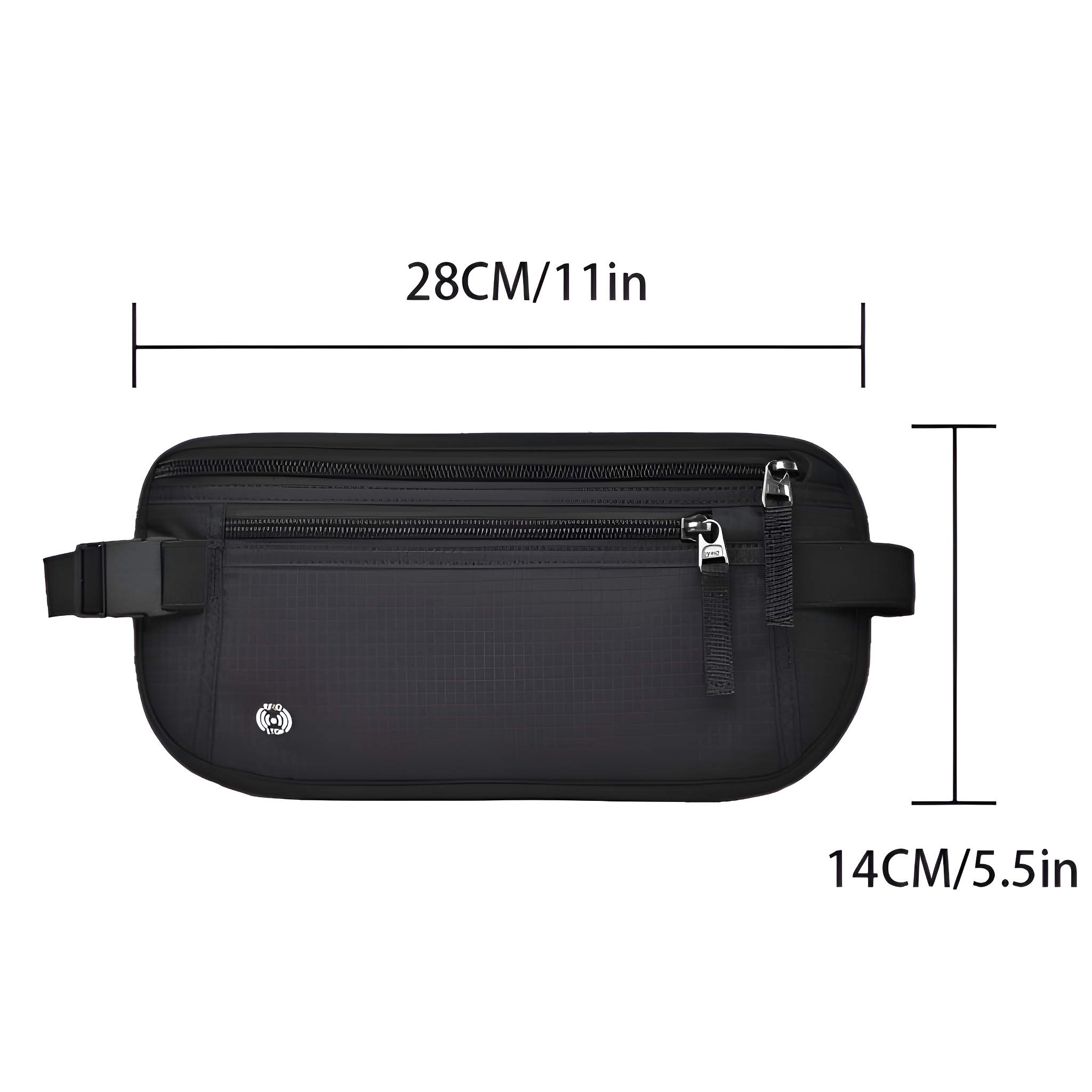 Schwarze Bauchtasche mit zwei Reißverschlüssen und einer Schnalle, mit Maßen.