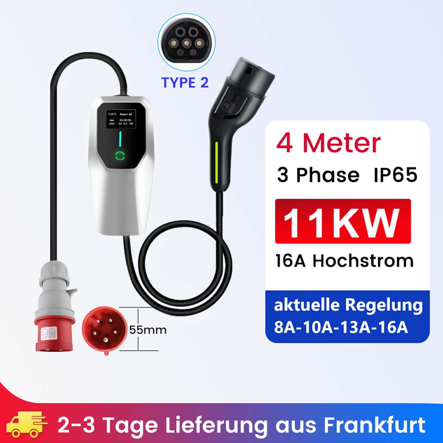 Ładowarka do pojazdów elektrycznych z tekstem i kablem ładującym.