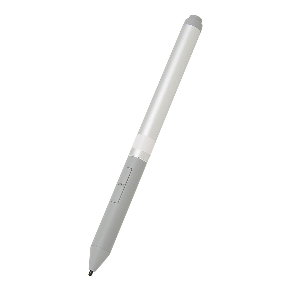 Ein silberner und grauer Stift auf weißem Hintergrund.