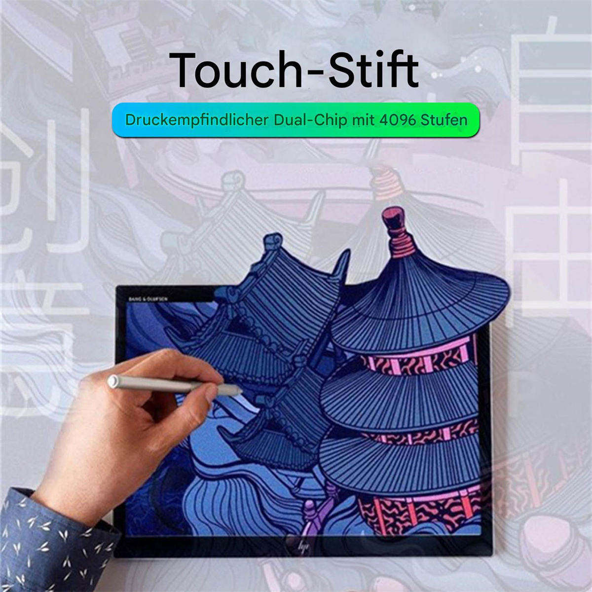 Eine Hand benutzt einen Stift auf einem Tablet. Das Tablet zeigt eine detaillierte Zeichnung. Text auf Deutsch.
