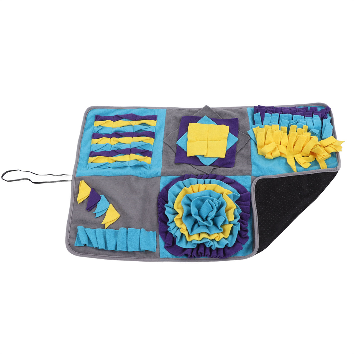 Eine Hunde-Puzzlematte mit bunten Flecken, die zur Stimulation und Unterhaltung von Haustieren dient.