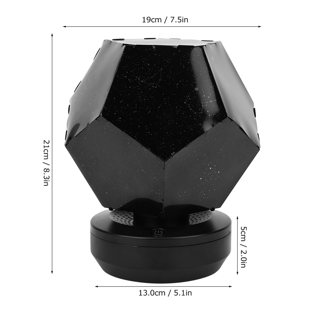 Schwarze Sternprojektorlampe, mit Maßangaben, zeigt einen Sternennachteffekt auf der Oberfläche.