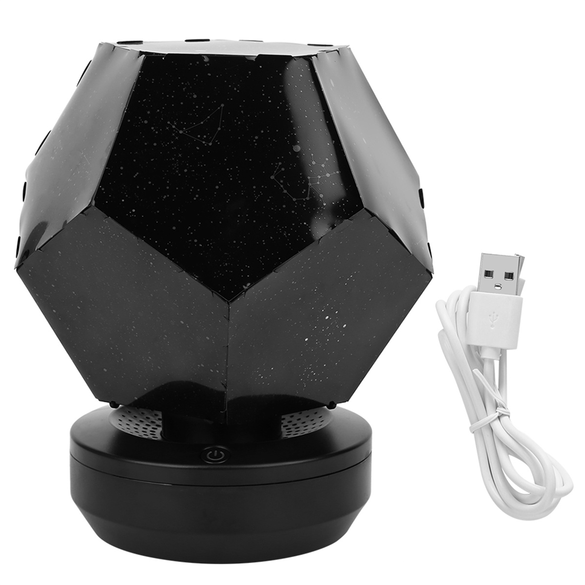 Schwarzer, geometrischer Sternenprojektor mit USB-Kabel und Ein/Aus-Taste.