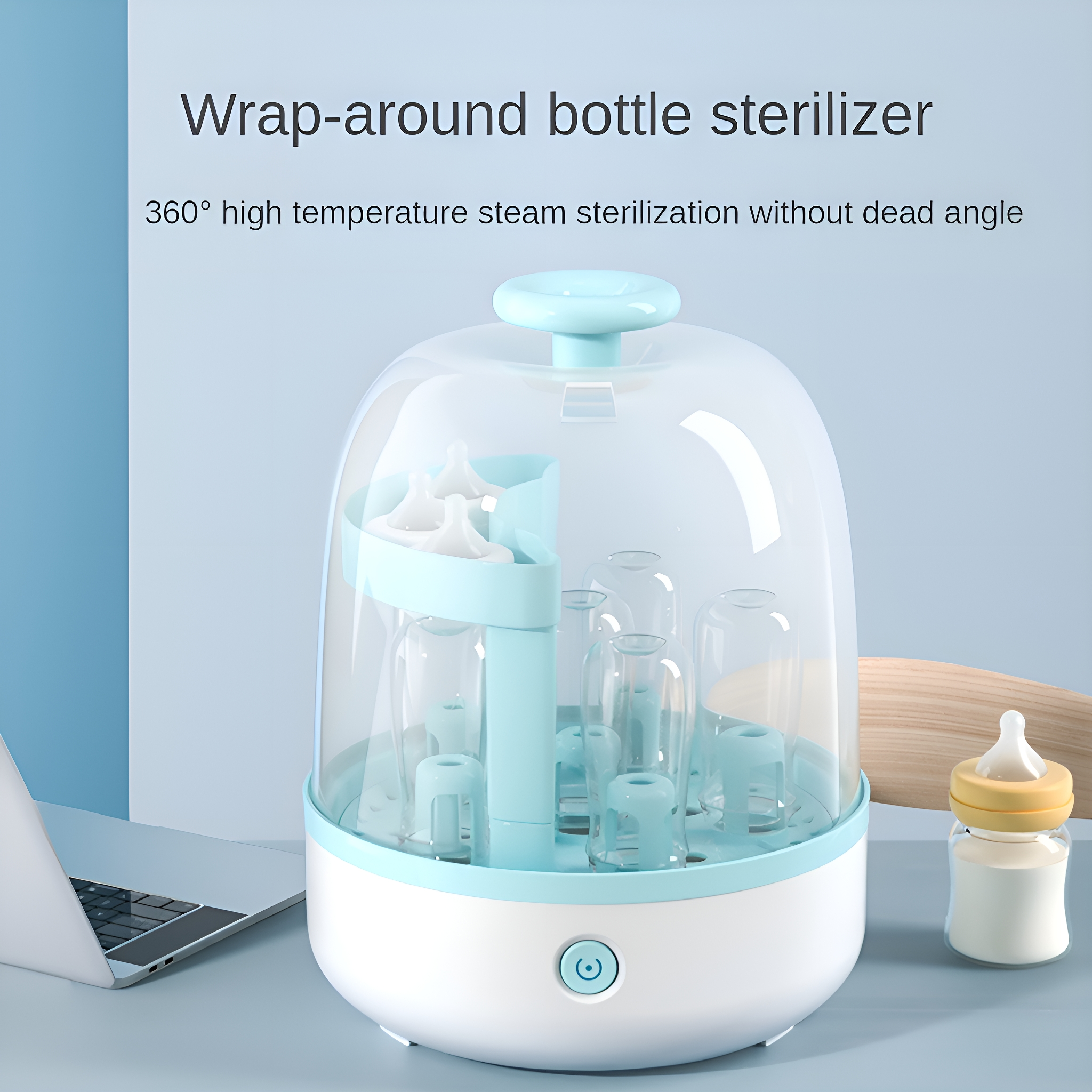 Ein Babyflaschensterilisator. Der Sterilisator ist weiß und transparent mit blauem Deckel.
