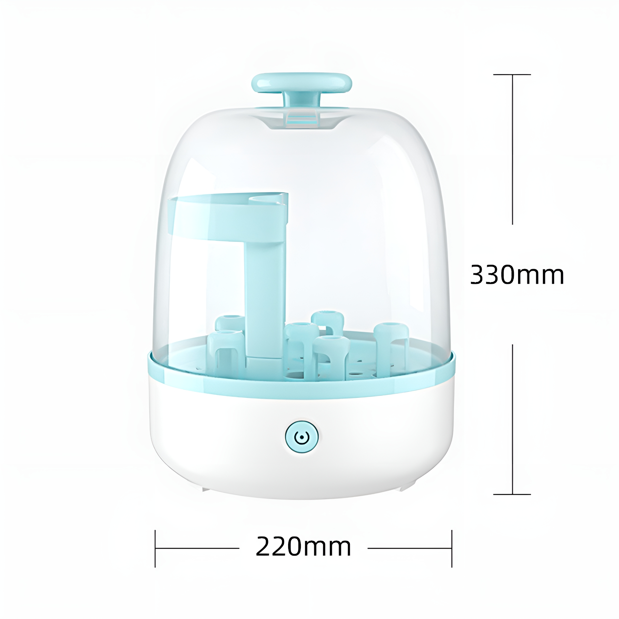 Weiß-blauer Babyflaschensterilisator. Er hat einen durchsichtigen Deckel und eine weiße Basis.