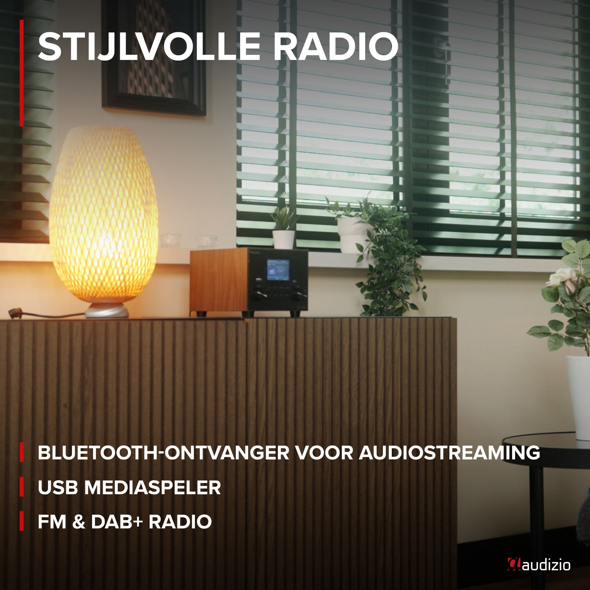 Ein stilvolles Radio auf einem Schrank. Eine Lampe und Pflanzen sind ebenfalls sichtbar. Der Hintergrund ist unscharf.